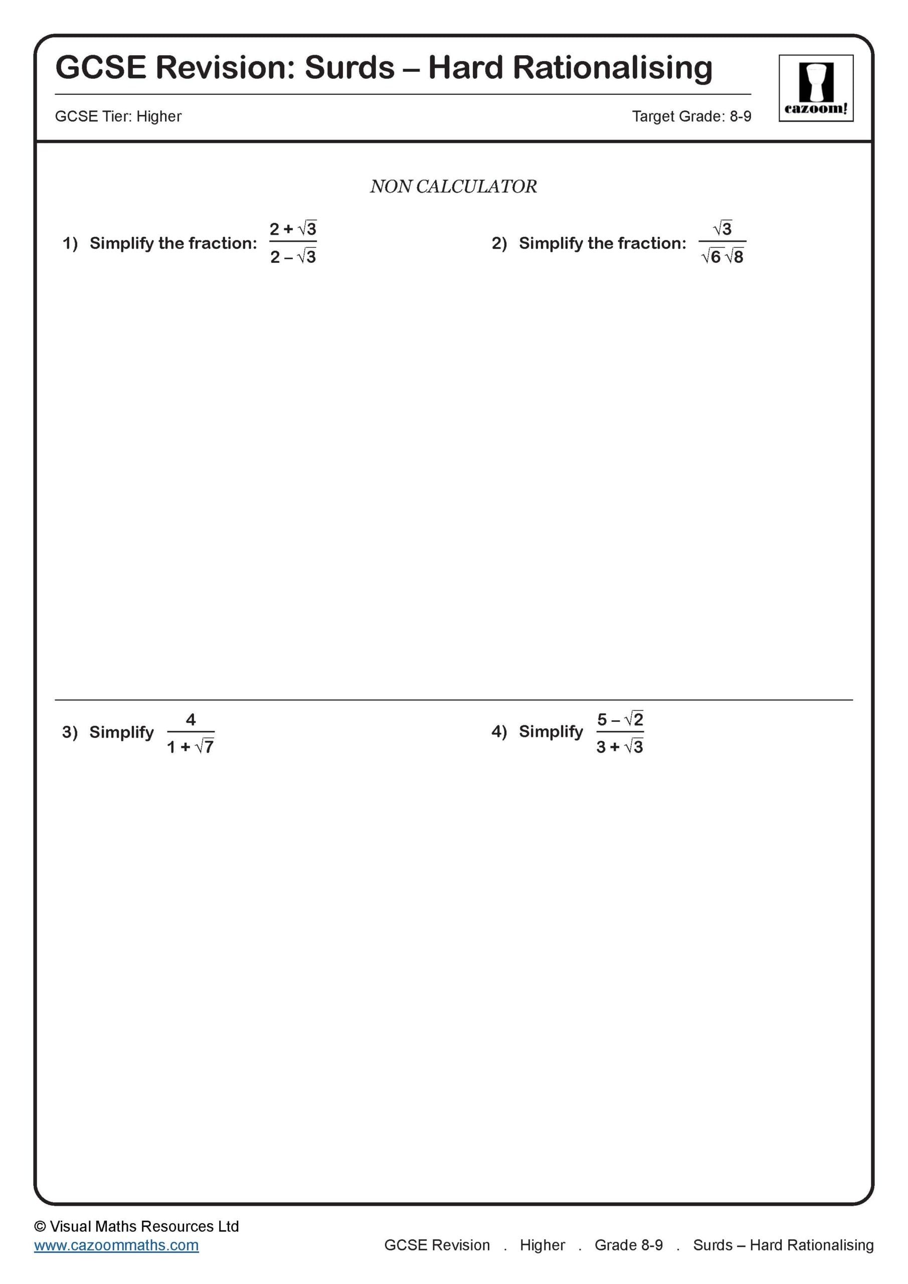 Preview of Surds - Hard Rationalising