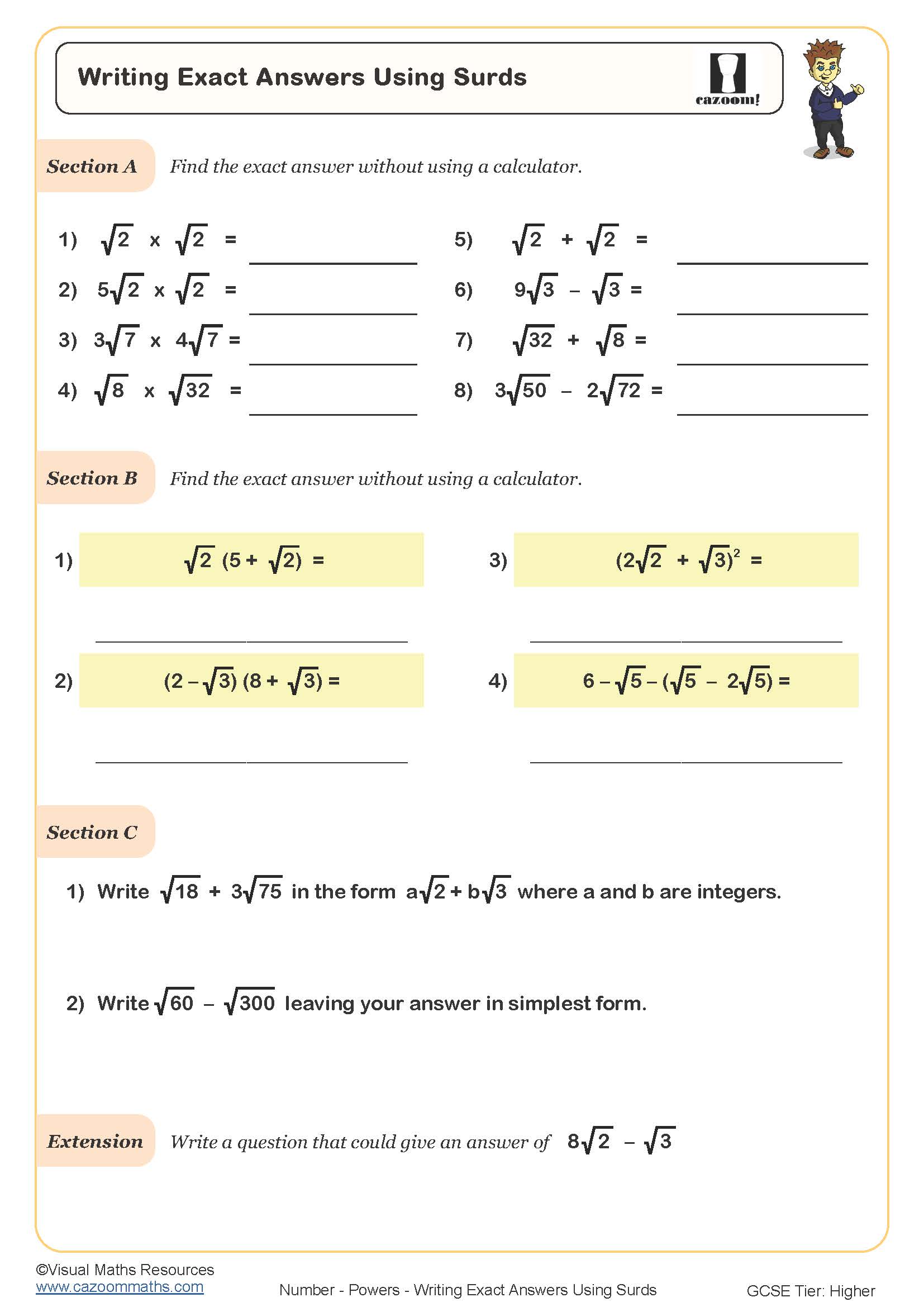 Preview of Writing Exact Answers Using Surds