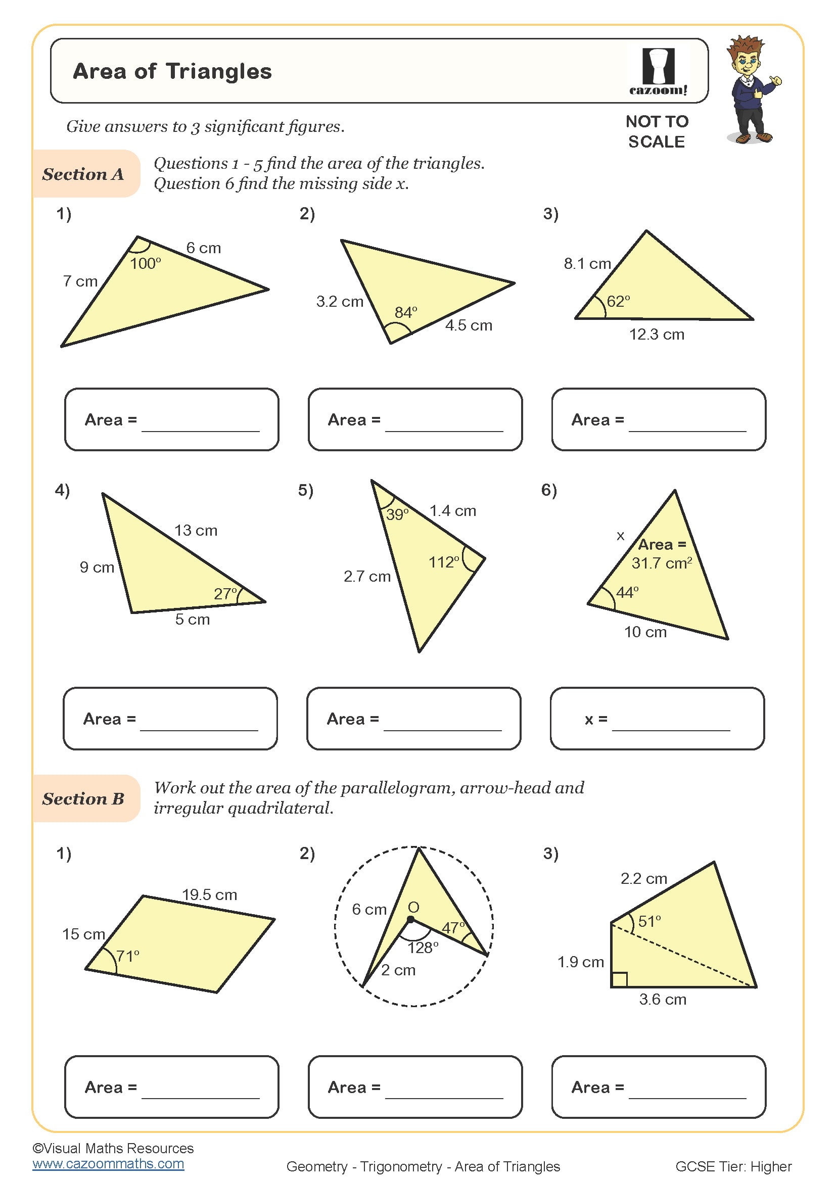 Maths Worksheet on Area of Triangles