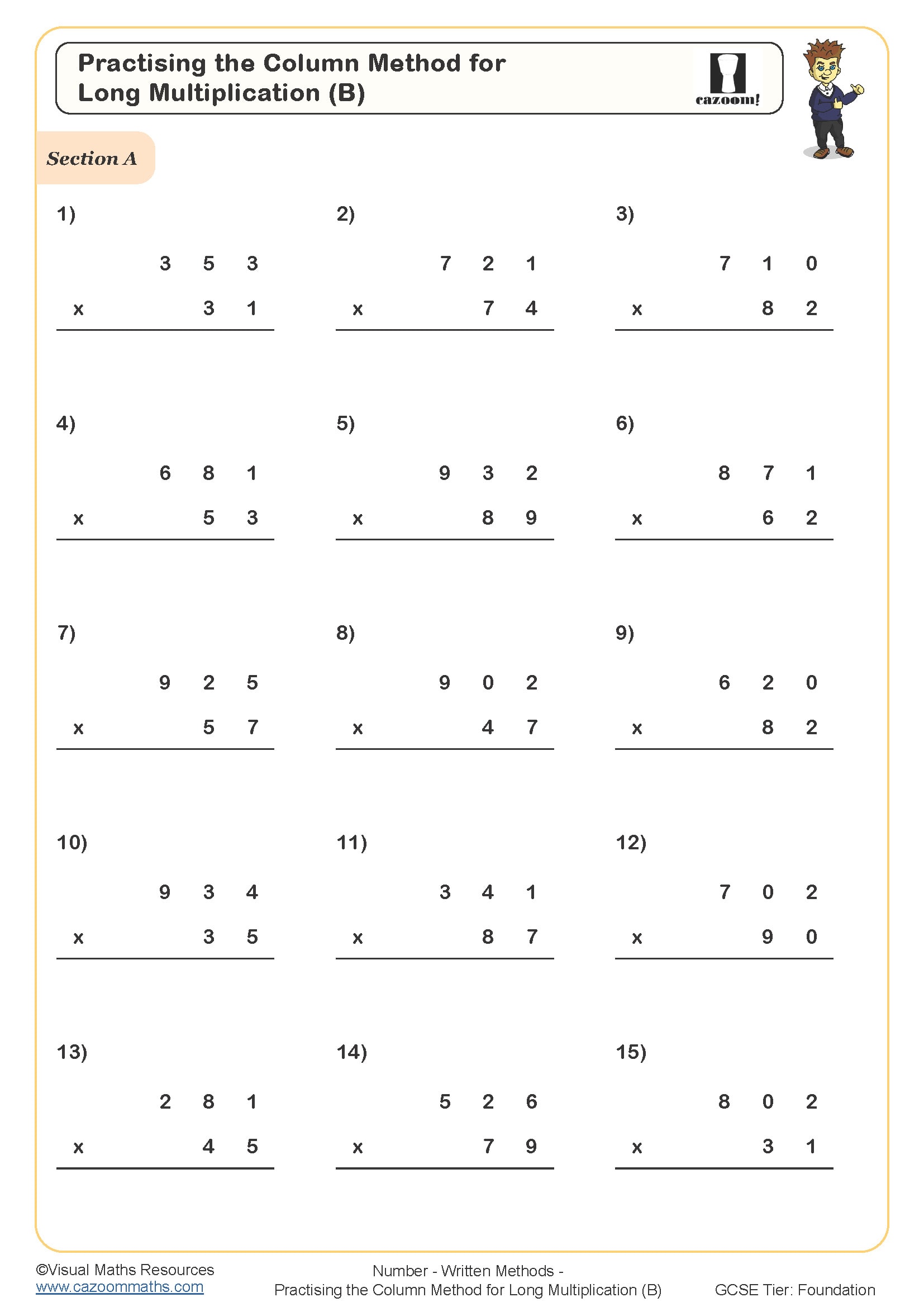 Preview of Practising the Column Method for Long Multiplication (B)