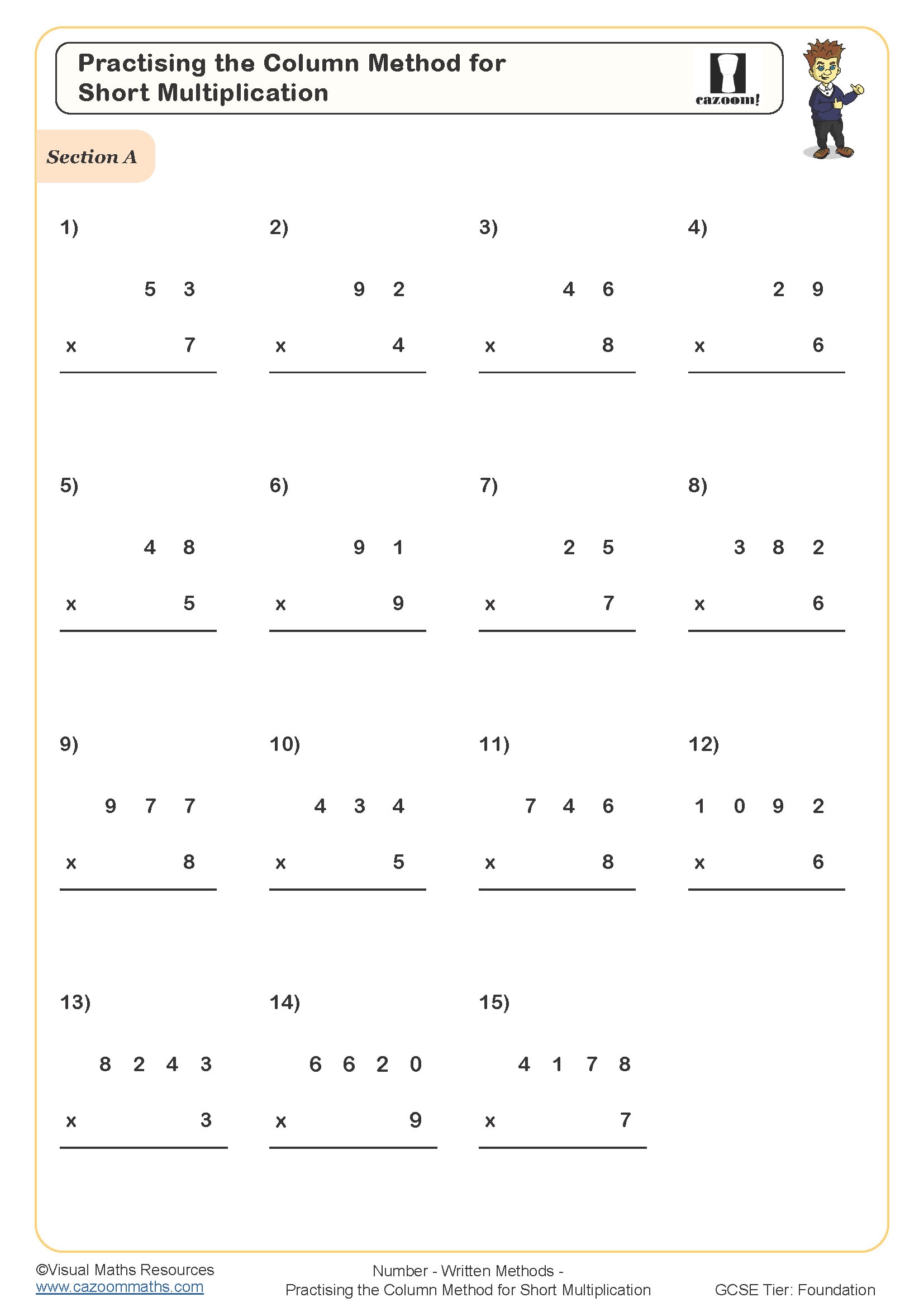 Preview of Practising the Column Method for Short Multiplication