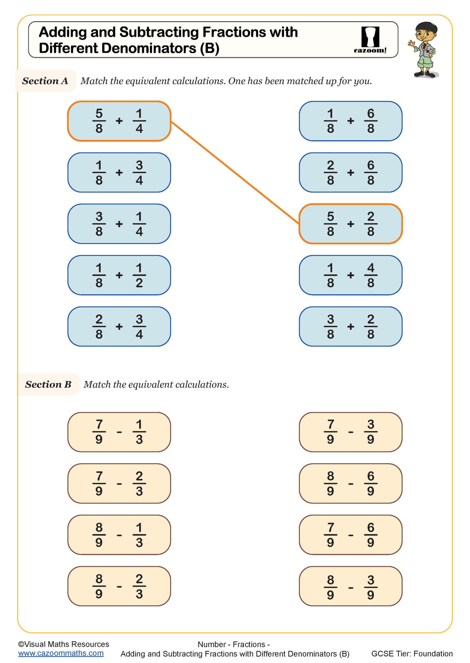 Preview of Adding and subtracting fractions with different denominators (B)