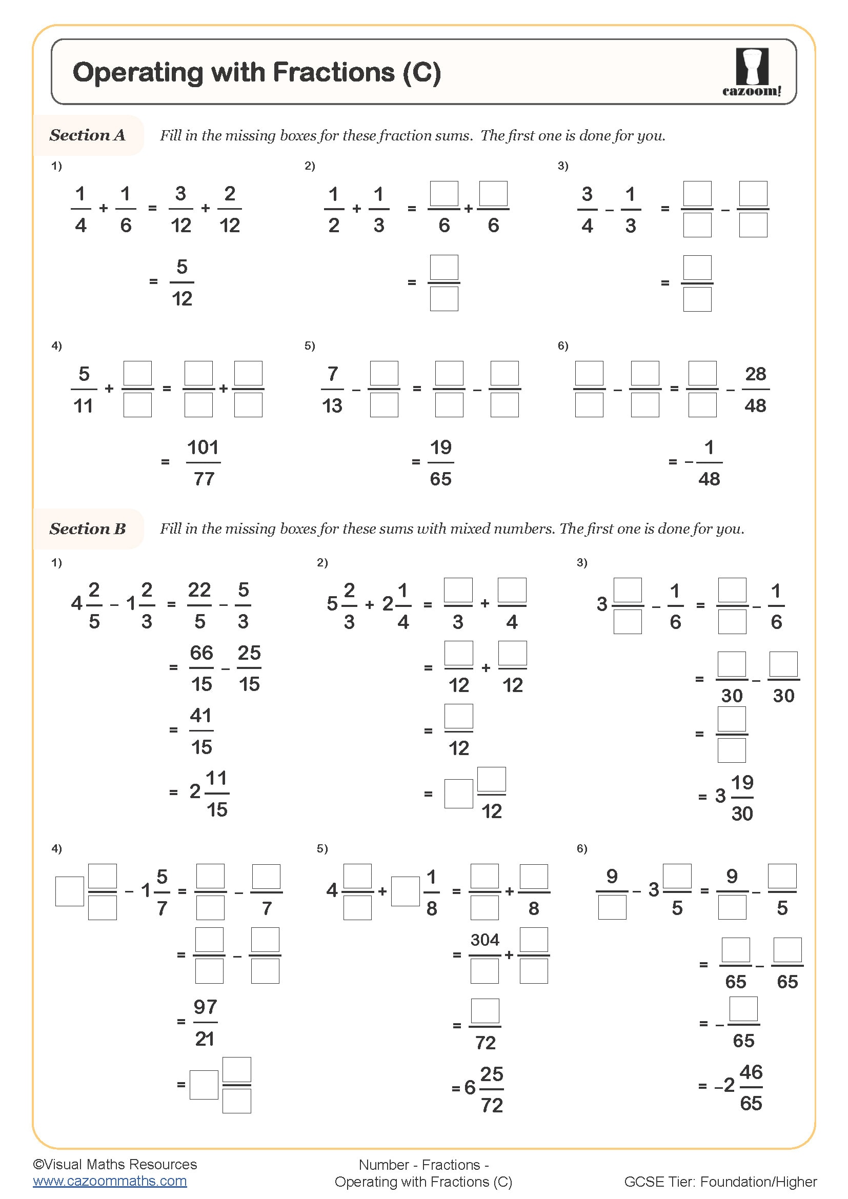 Preview of Operating with Fractions (C)