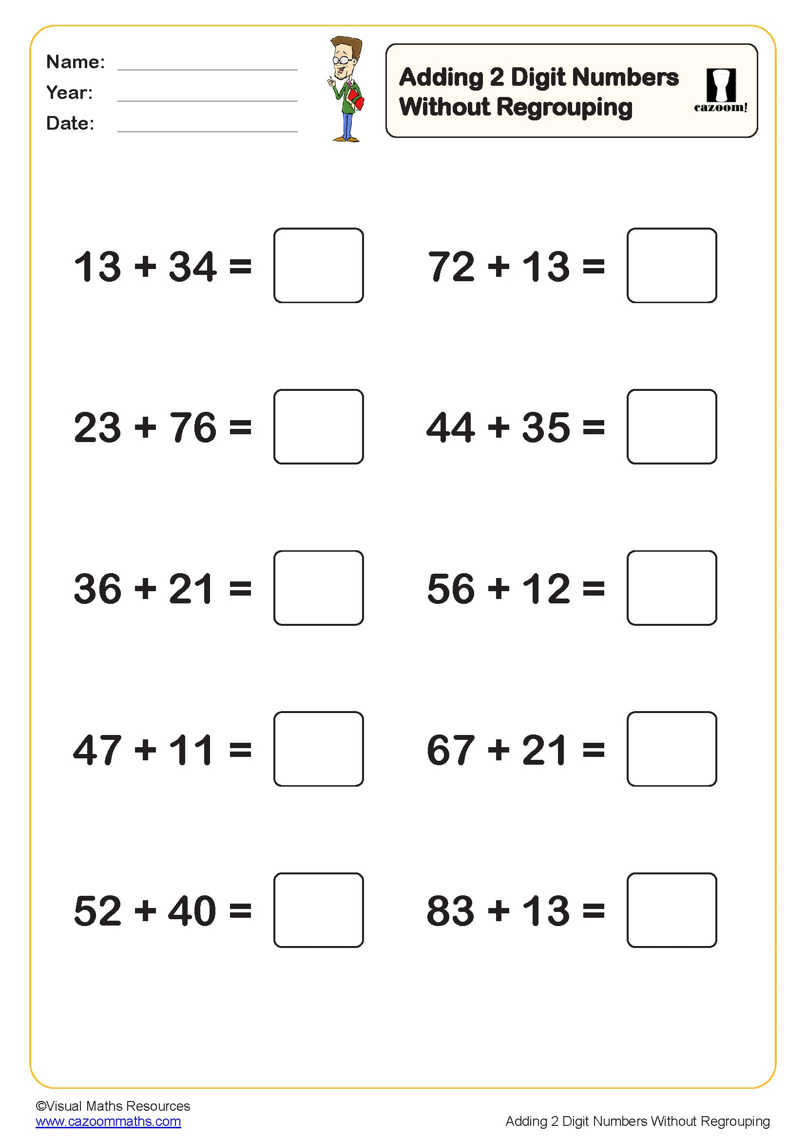 Preview of Adding 2 digit numbers without regrouping (10 questions)