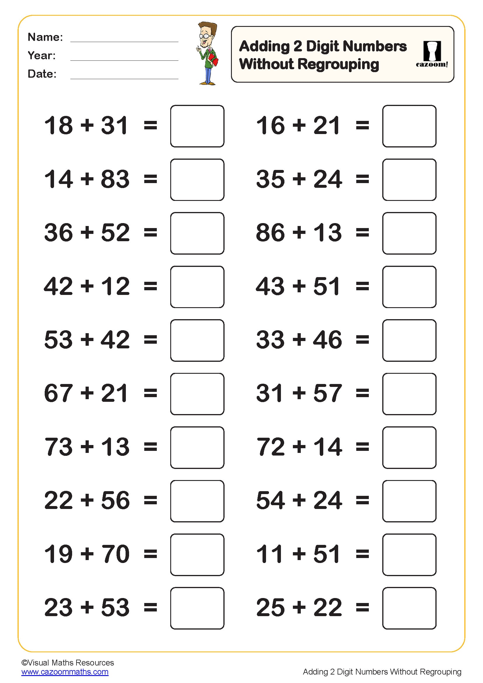 Preview of Adding 2 digit numbers without regrouping (20 questions)
