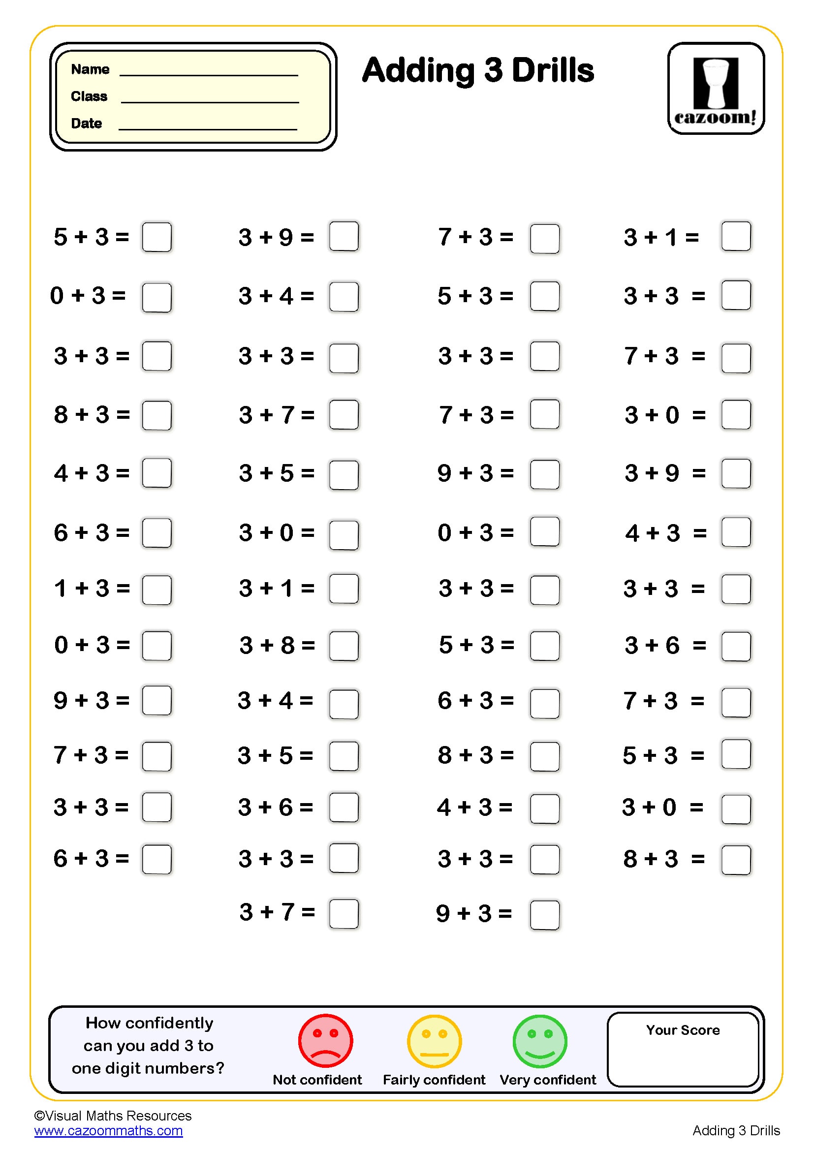 Preview of Adding 3 drills (50 questions)