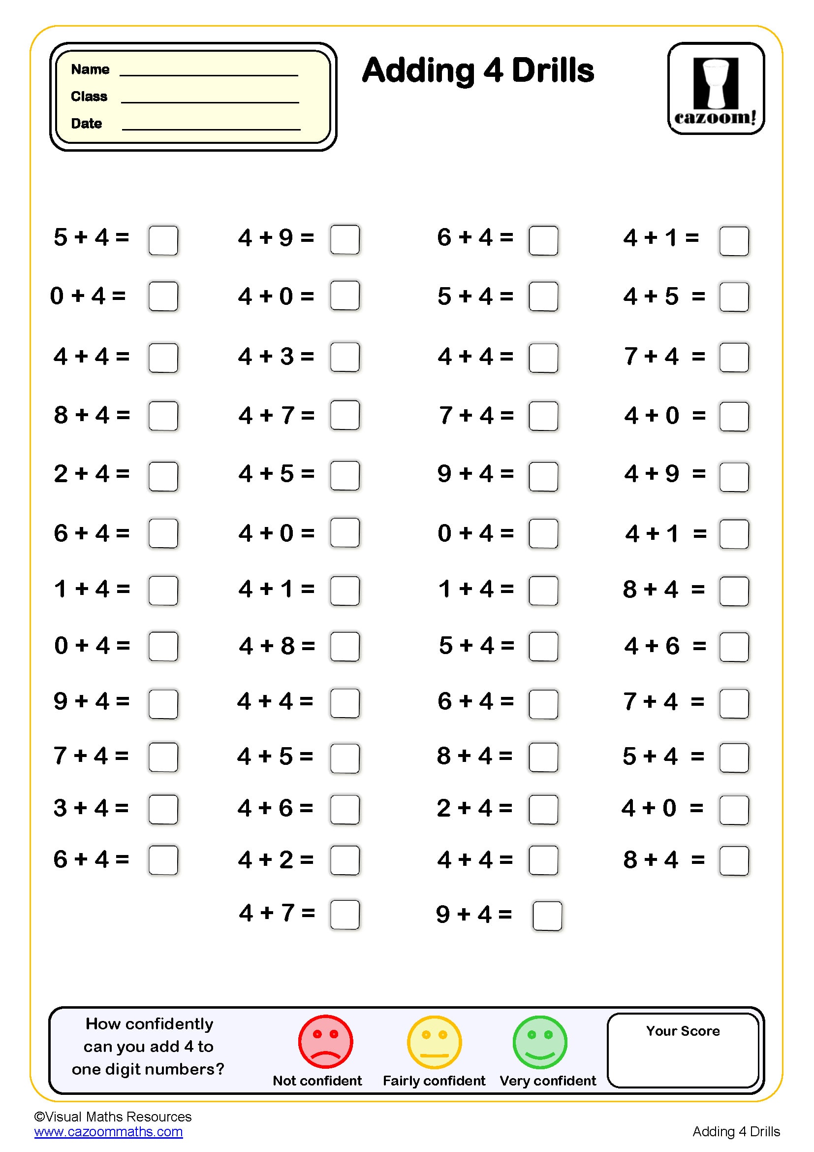Preview of Adding 4 drills (50 questions)