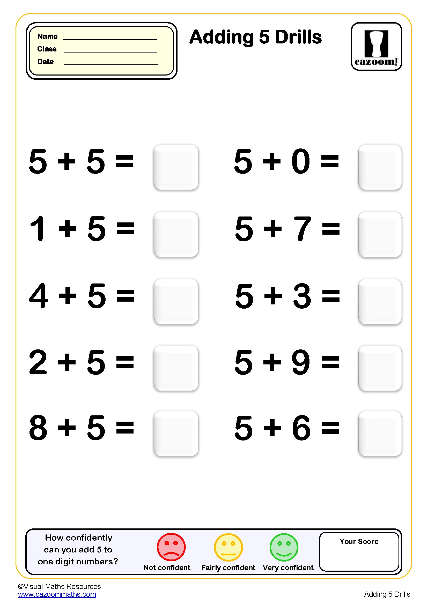 Preview of Adding 5 drills (10 questions)