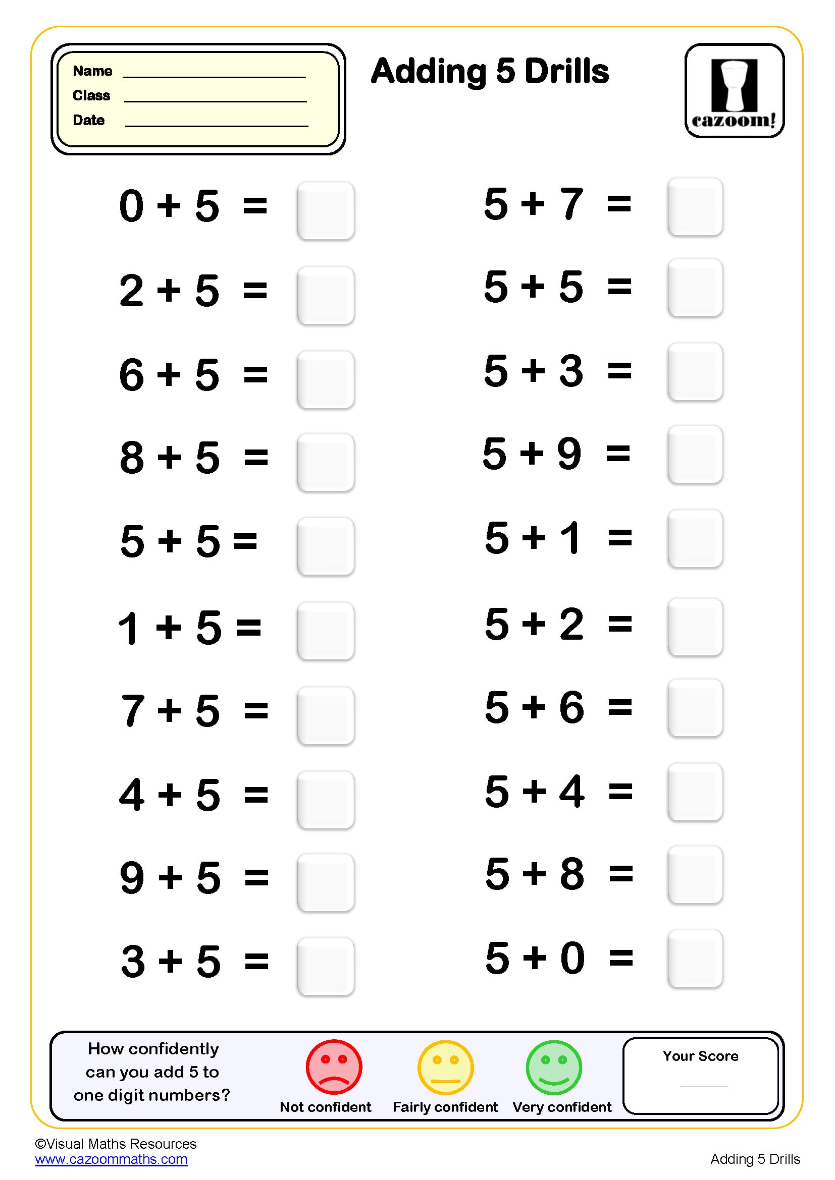 Preview of Adding 5 drills (20 questions)