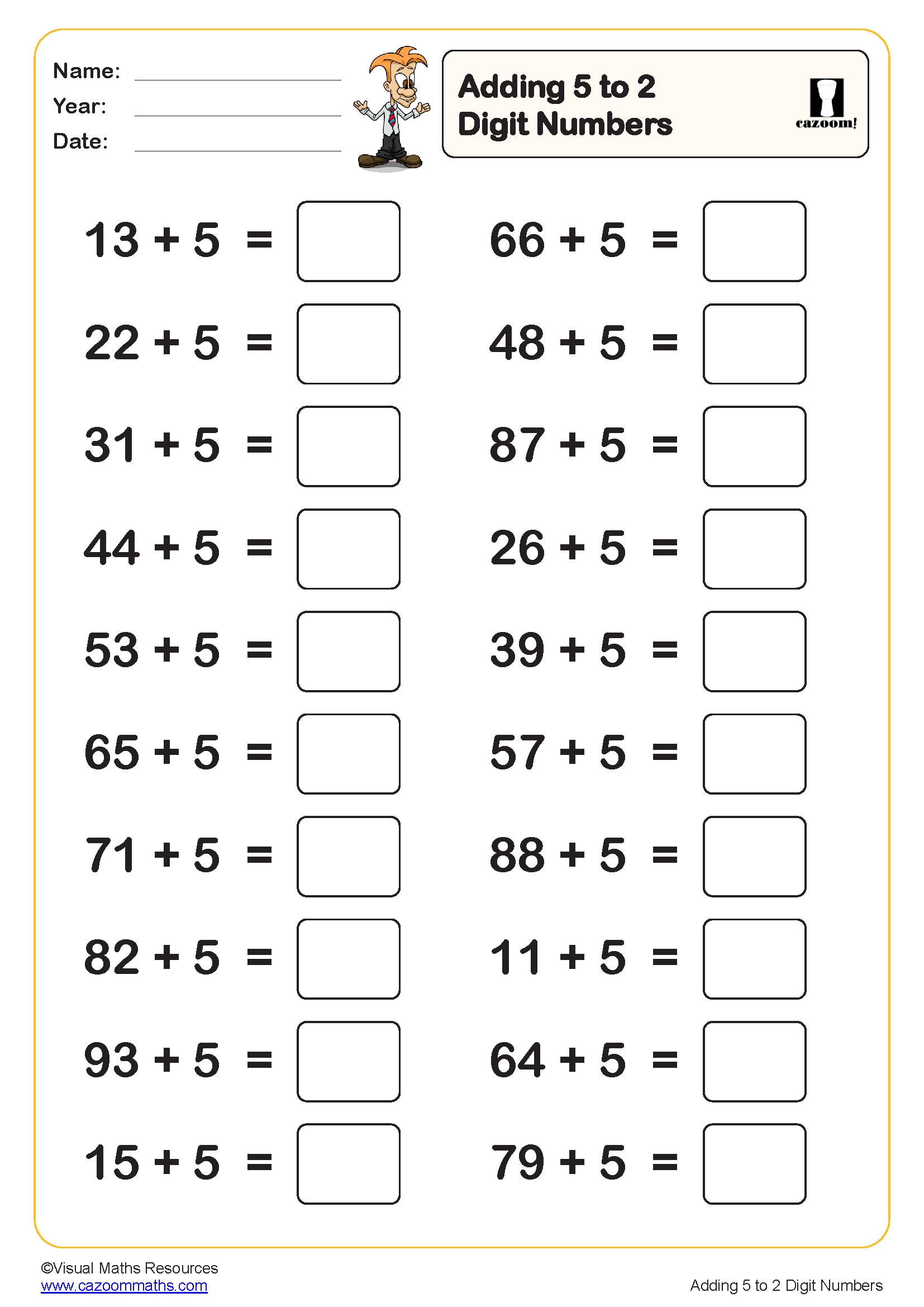 Preview of Adding 5 to 2 digit numbers (20 questions)