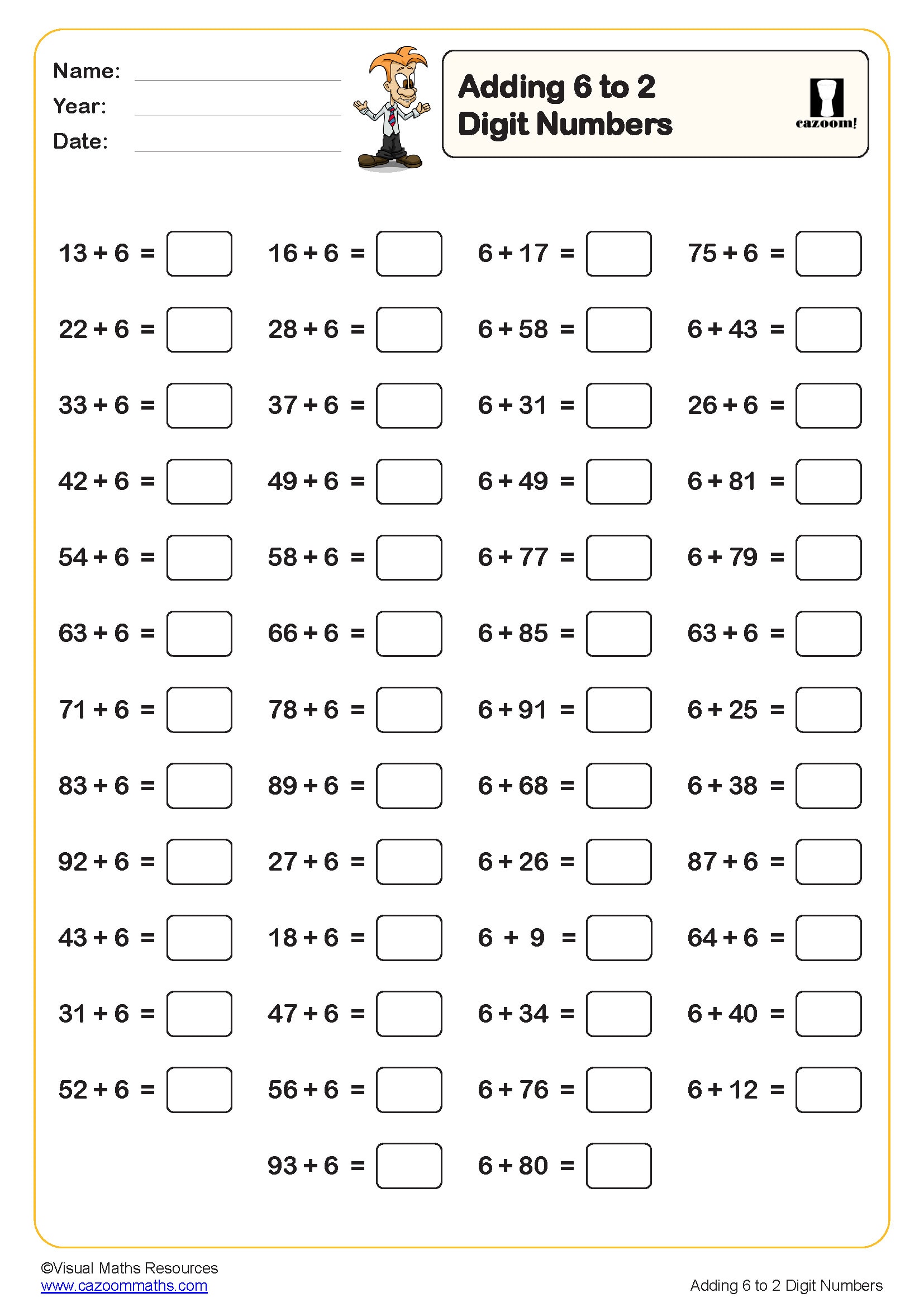 Preview of Adding 6 to 2 digit numbers (50 questions)