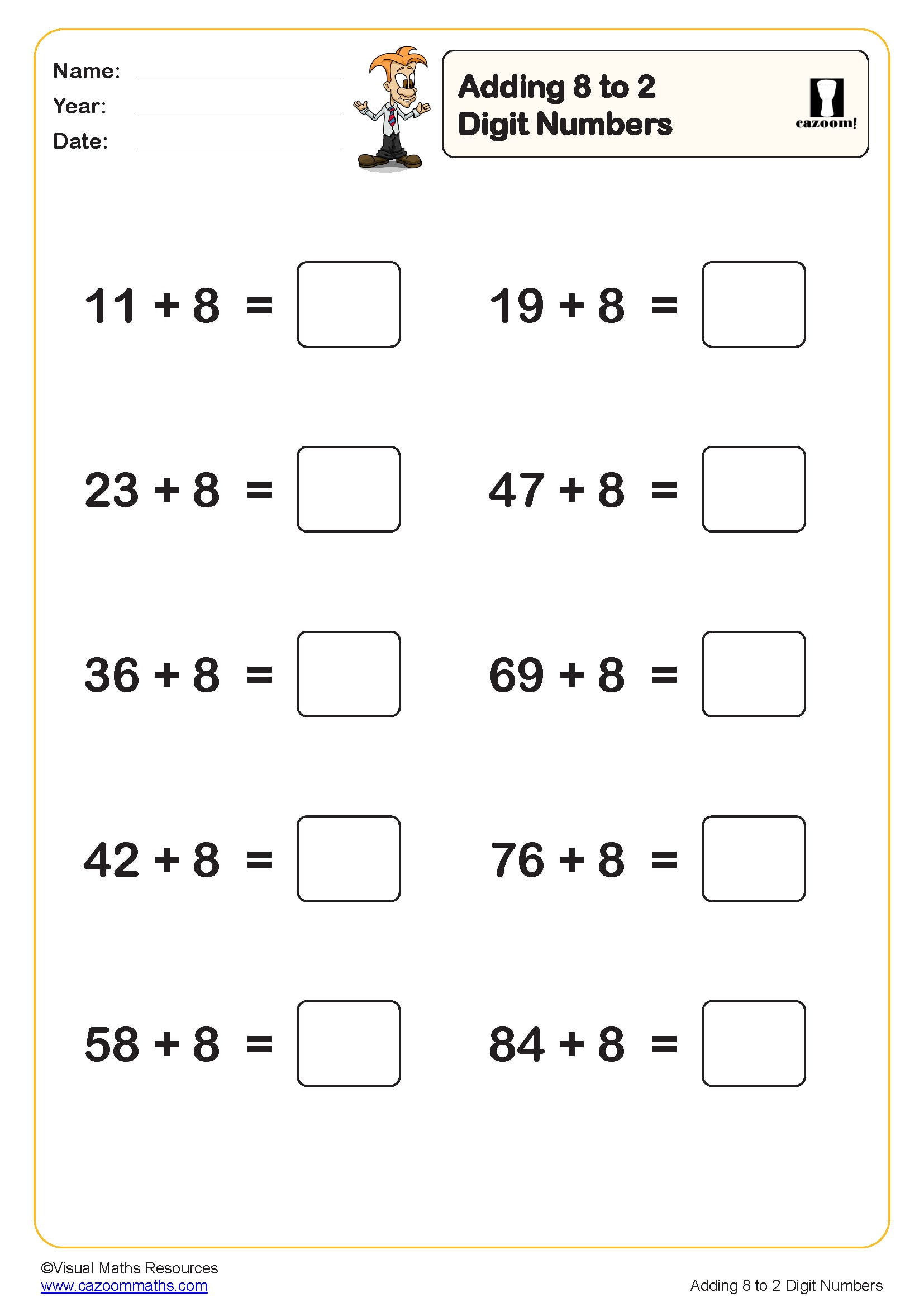 Preview of Adding 8 to 2 digit numbers (10 questions)