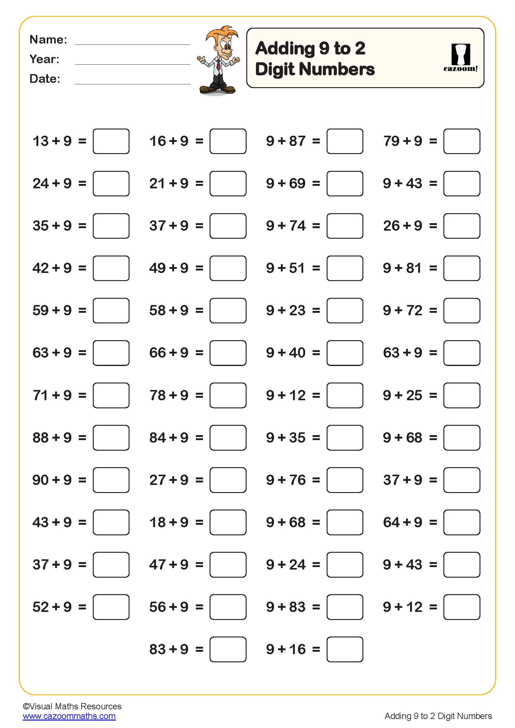 Preview of Adding 9 to 2 digit numbers (50 questions)