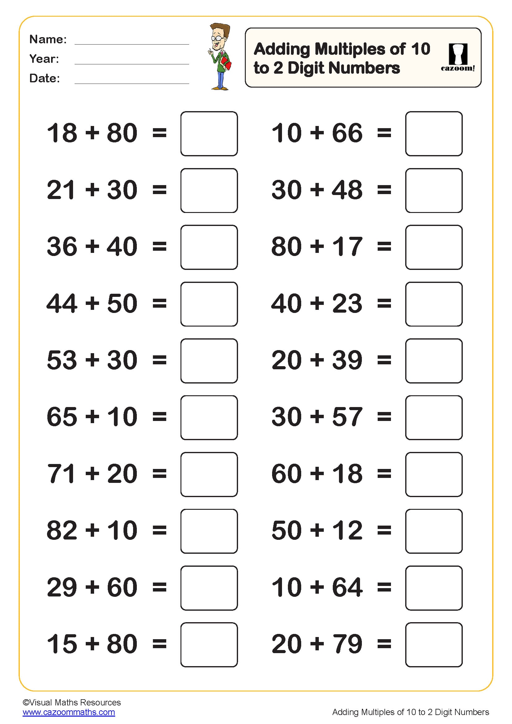 Preview of Adding mulitples of 10 to a 2 digit number (20 questions)