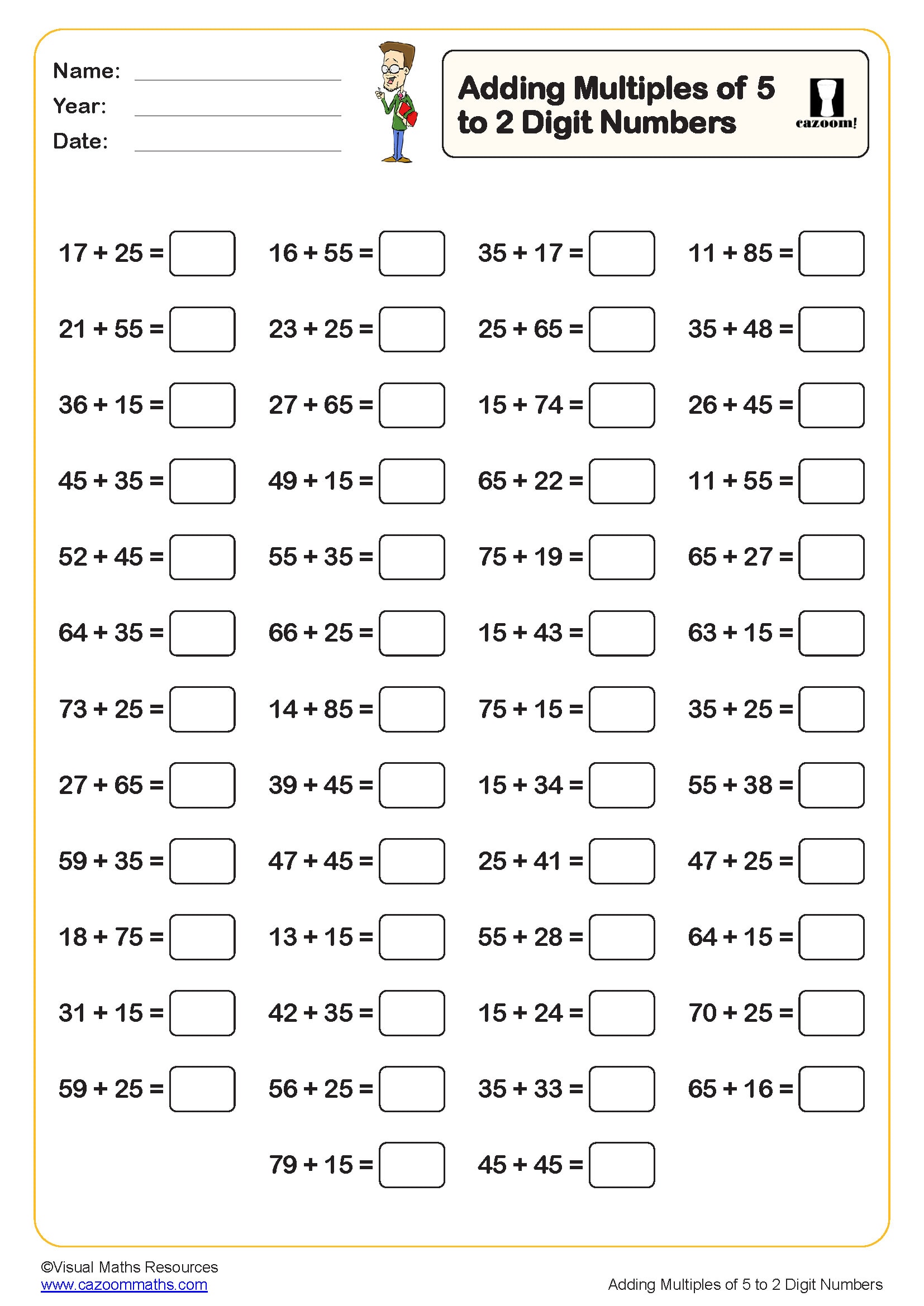 Preview of Adding mulitples of 5 to a 2 digit number (50 questions)