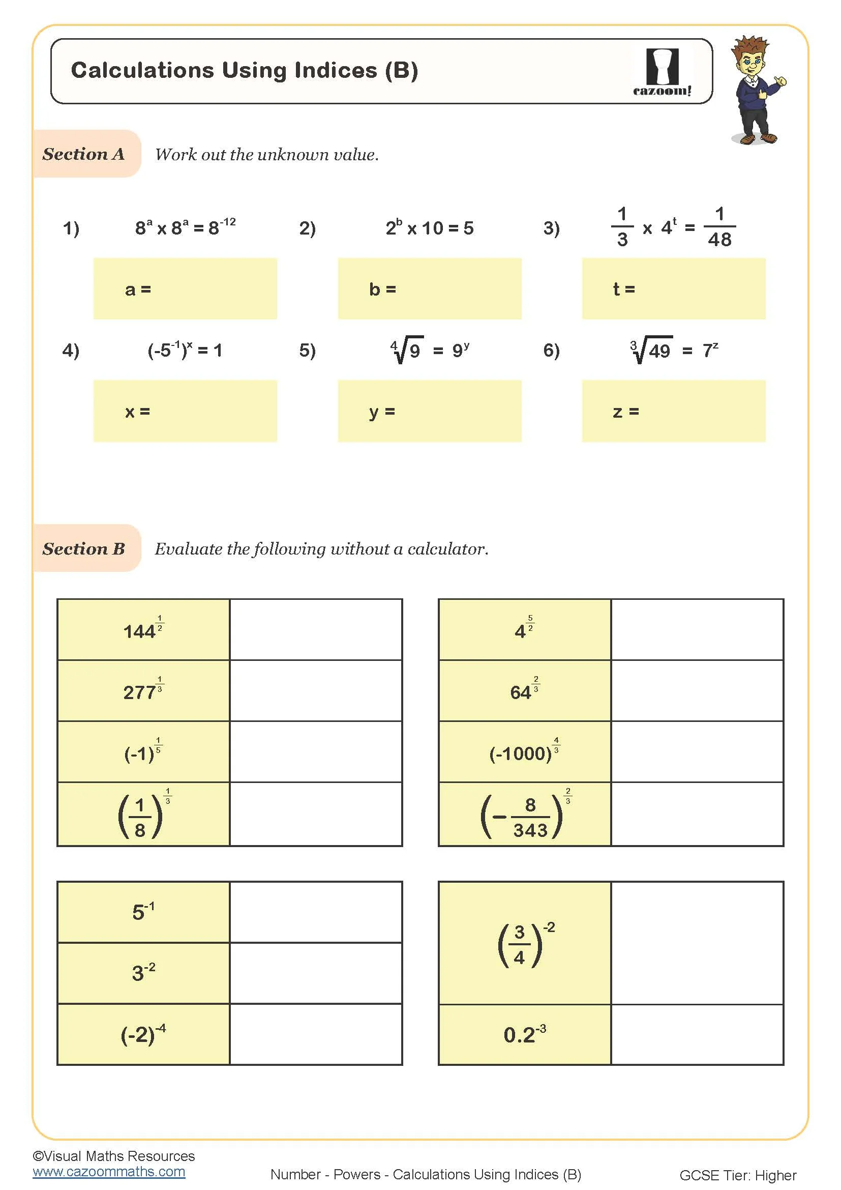 Calculations Using Indices B Worksheet 2