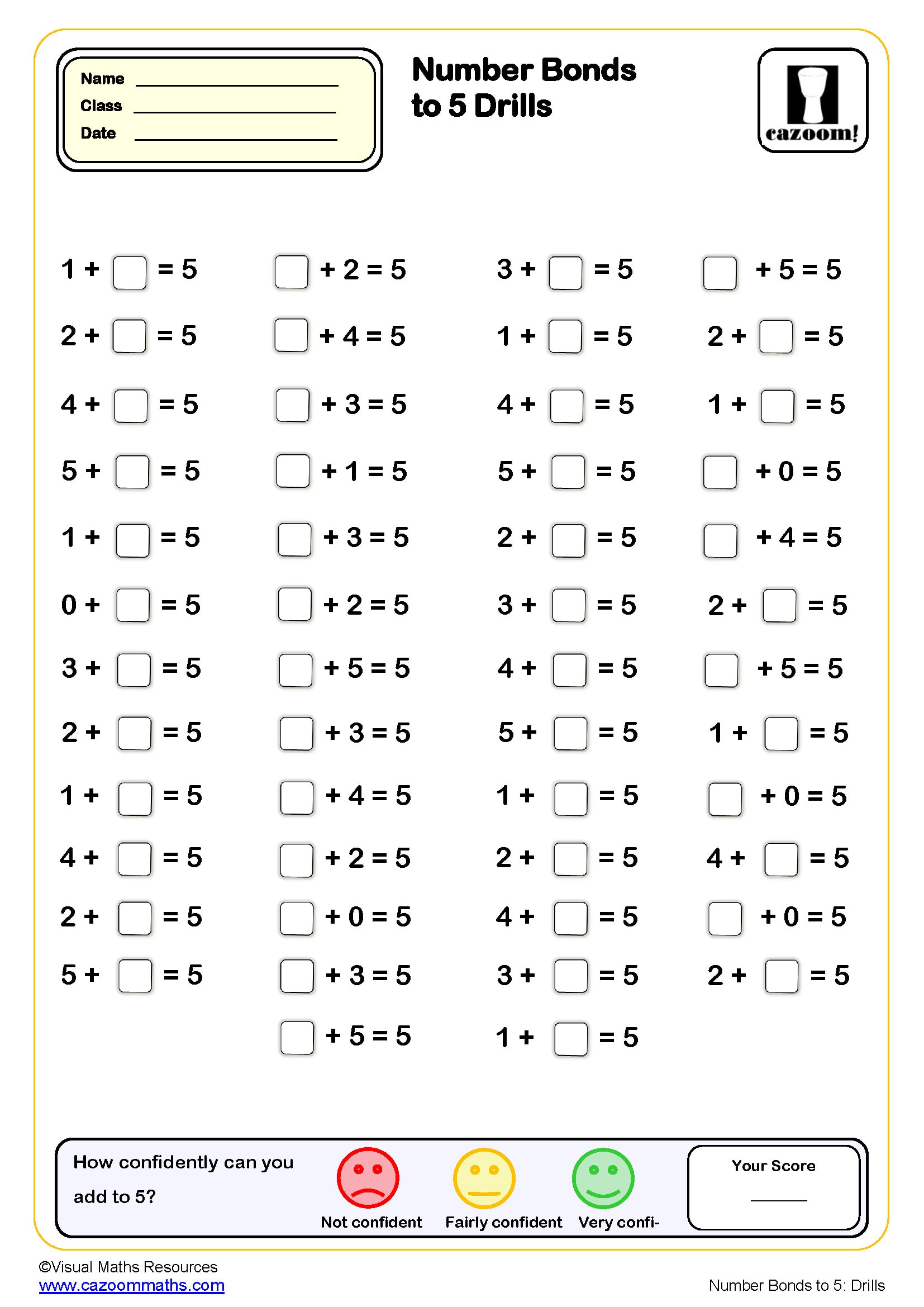 Preview of Number Bonds to 5 drills (50 questions)