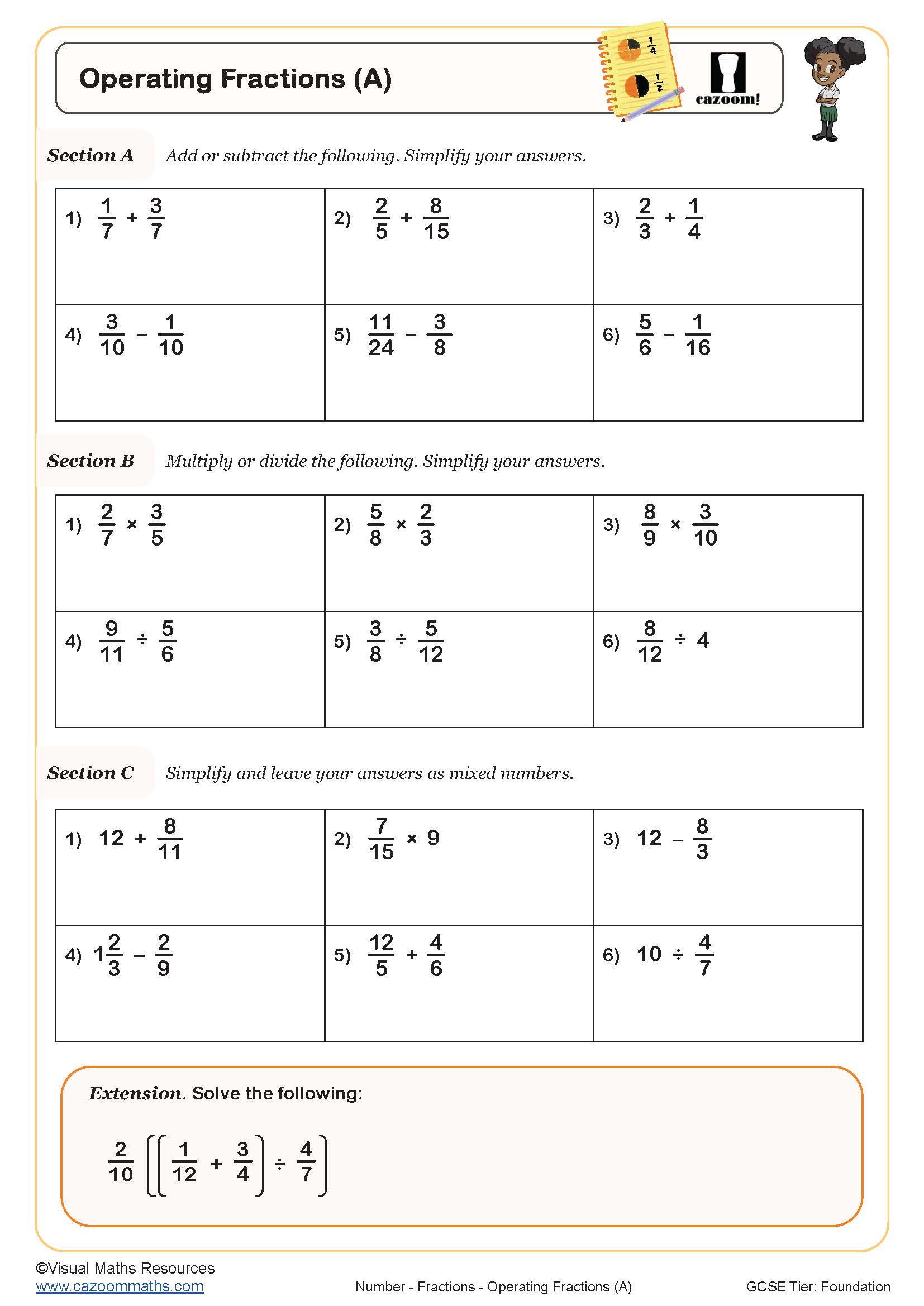 Operating Fractions Maths Worksheet PDF