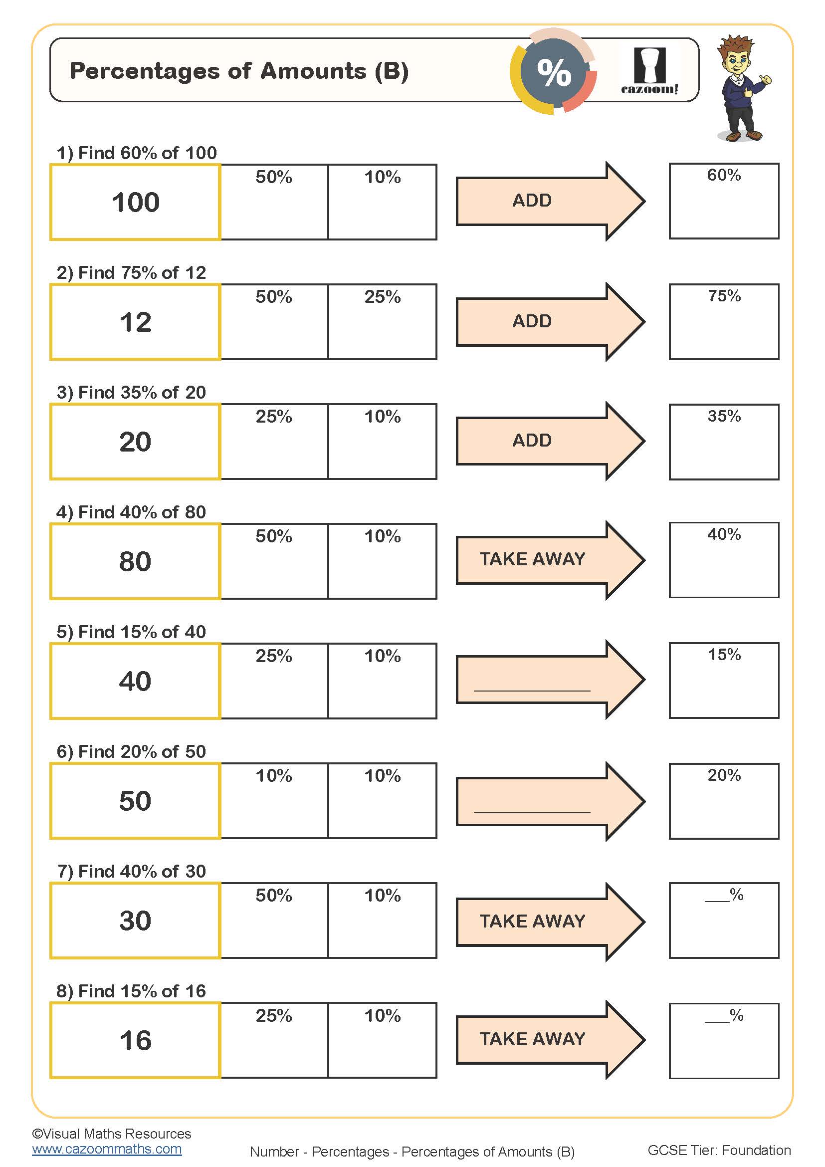 Percentages Of Amounts B Worksheet