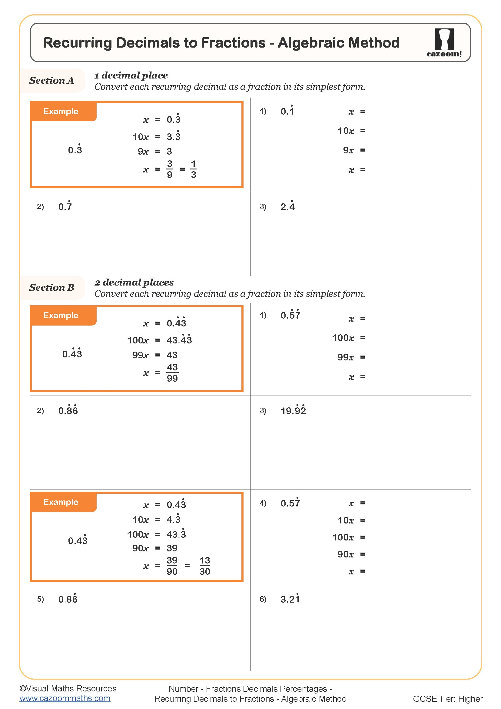 Preview of Recurring Decimals to Fractions - Algebraic Method