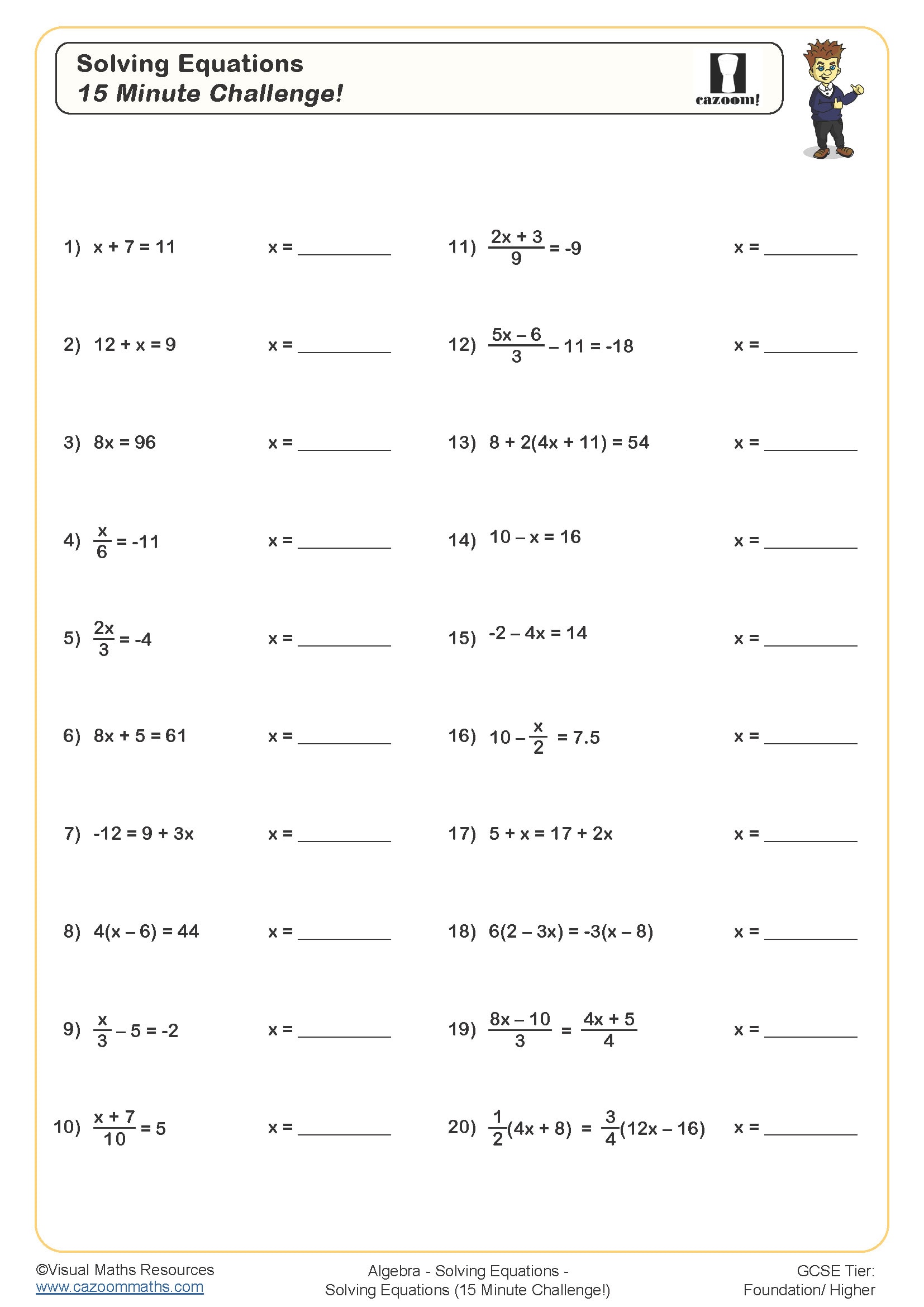 Preview of Solving Equations 15 Minute Challenge