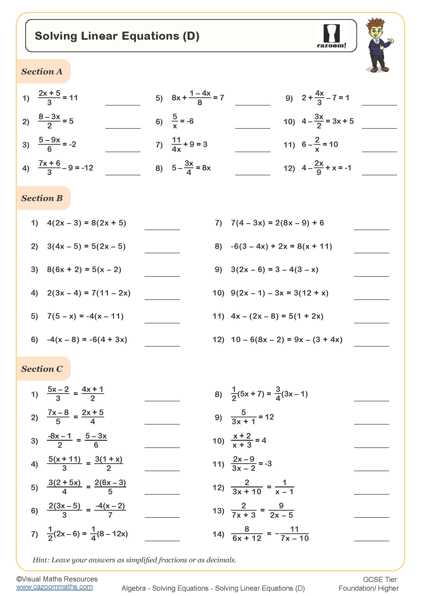 Solving Linear Equations PDF Maths Worksheet