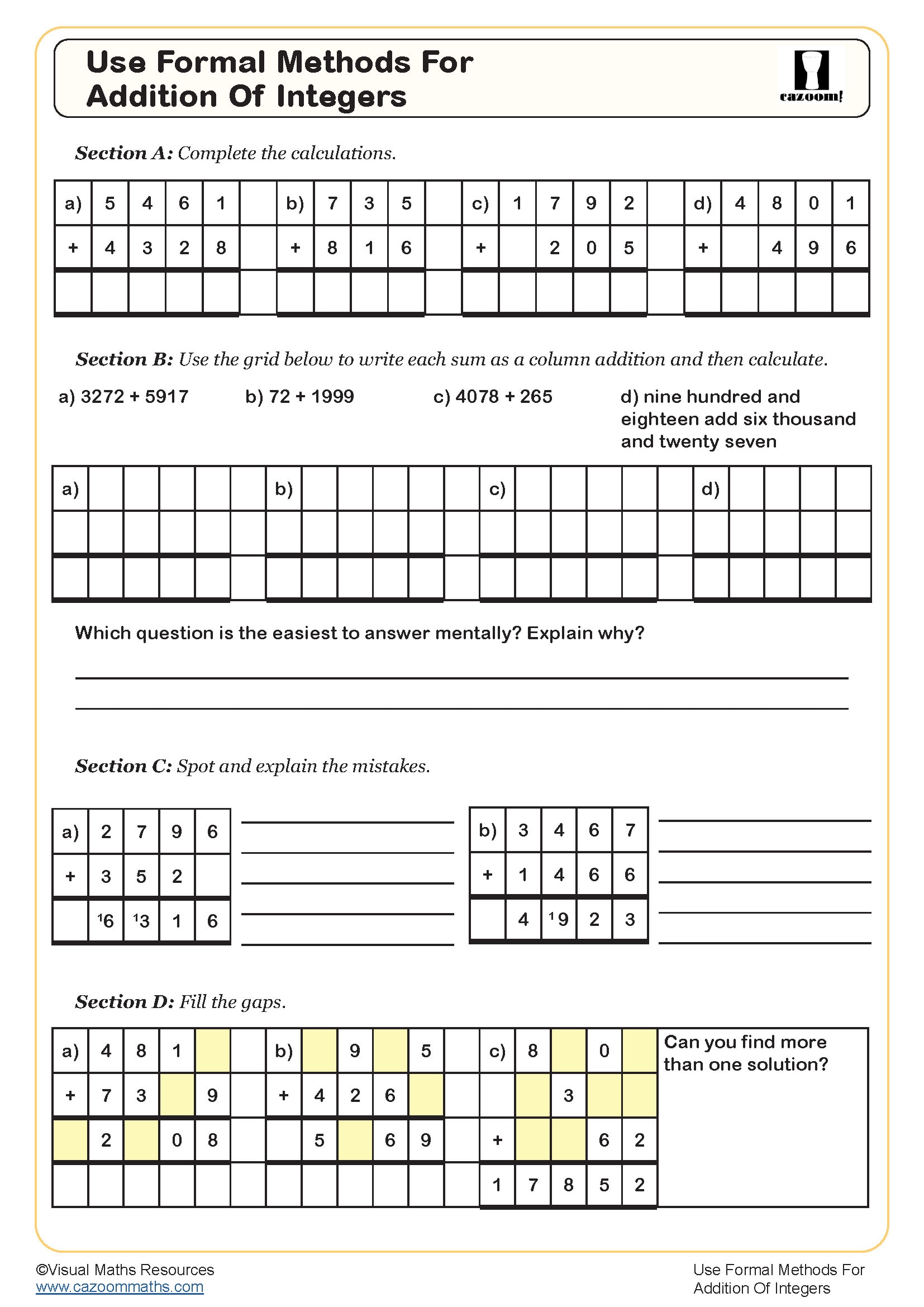 Use Formal Methods For Addition Of Integers Worksheet