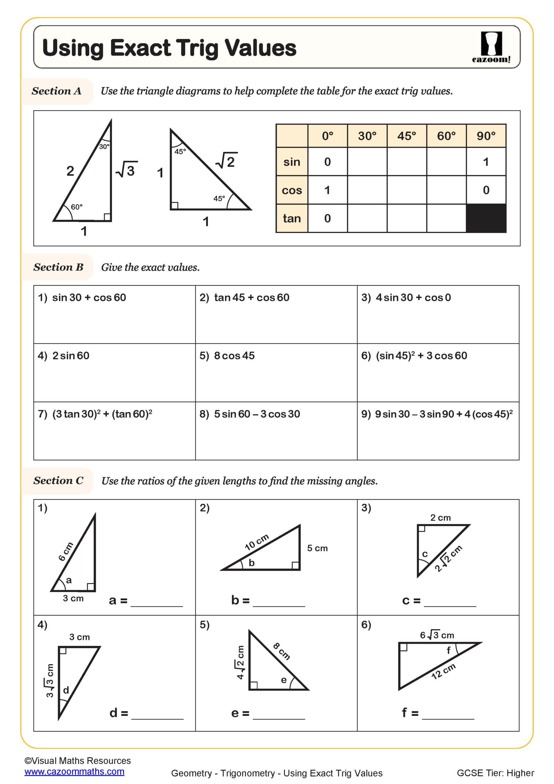 Using Exact Trig Values Worksheet Scaled