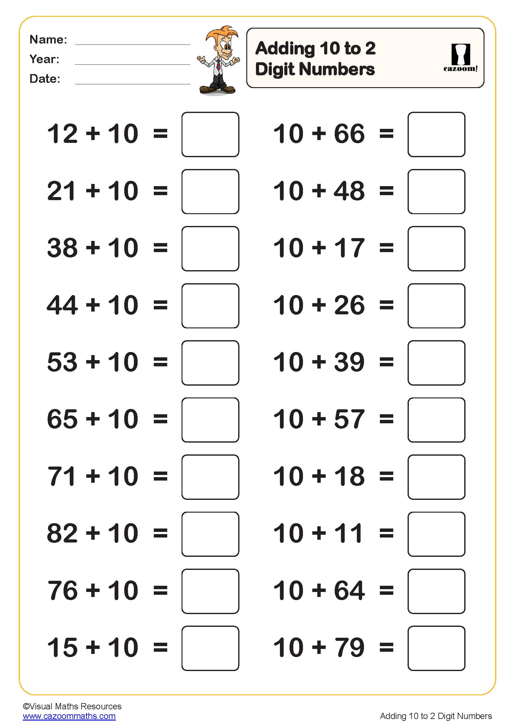 Preview of Adding 10 to 2 digit numbers (20 questions)