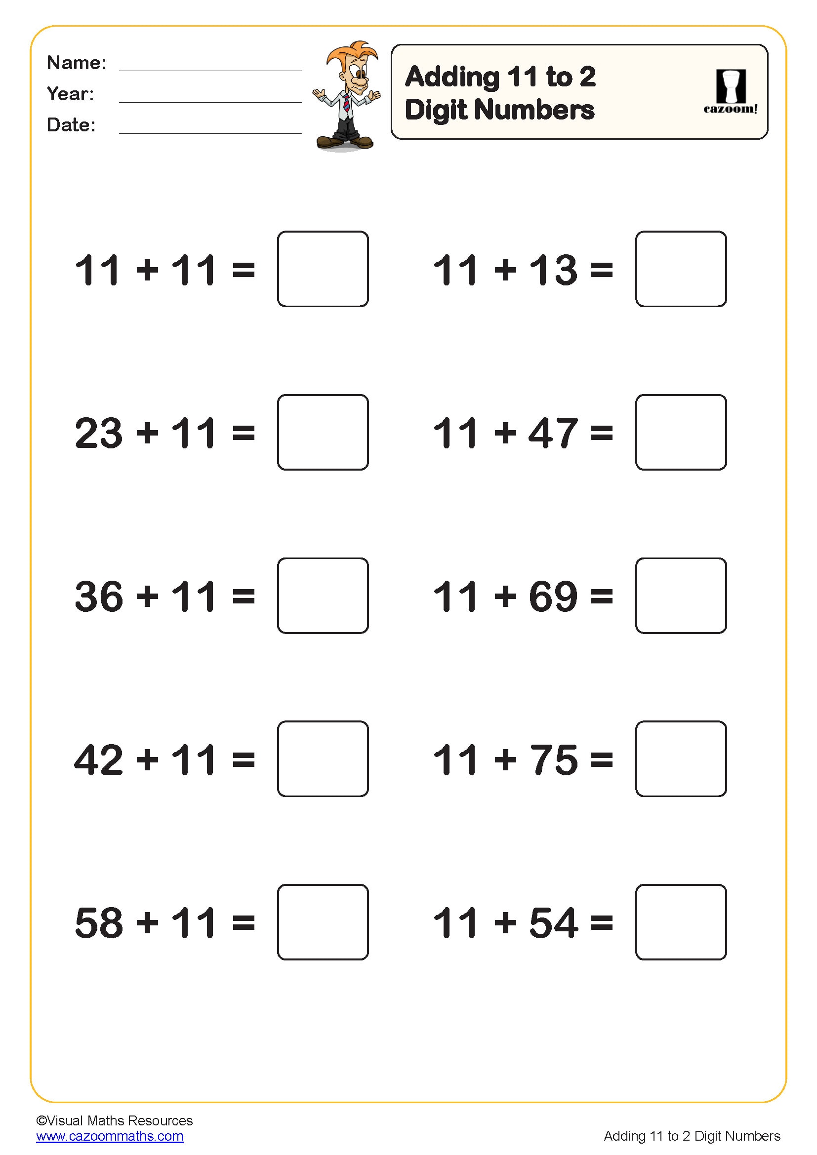 Preview of Adding 11 to 2 digit numbers (10 questions)