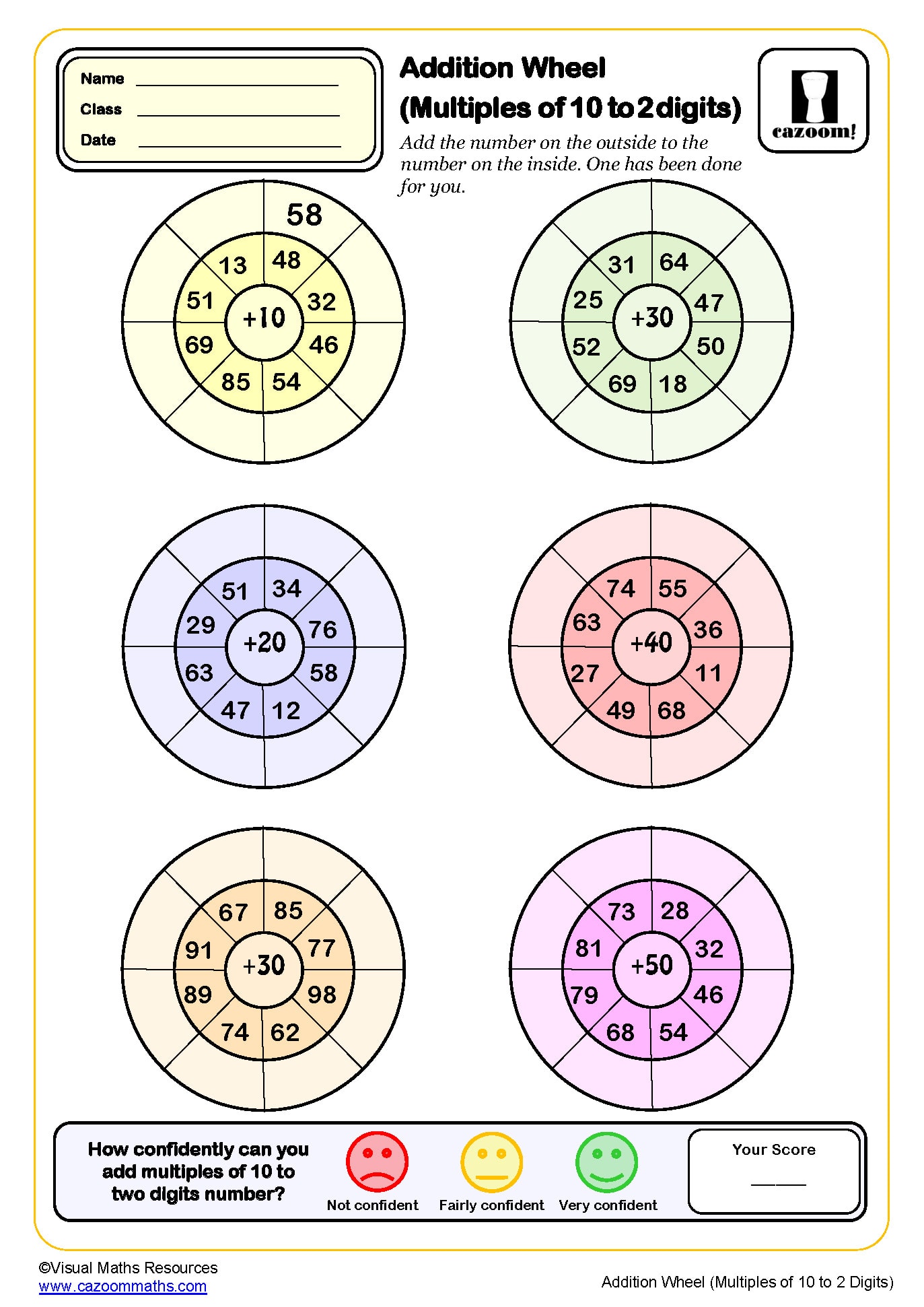 Preview of Addition Wheels (adding multiples of 10 to 2 digits)