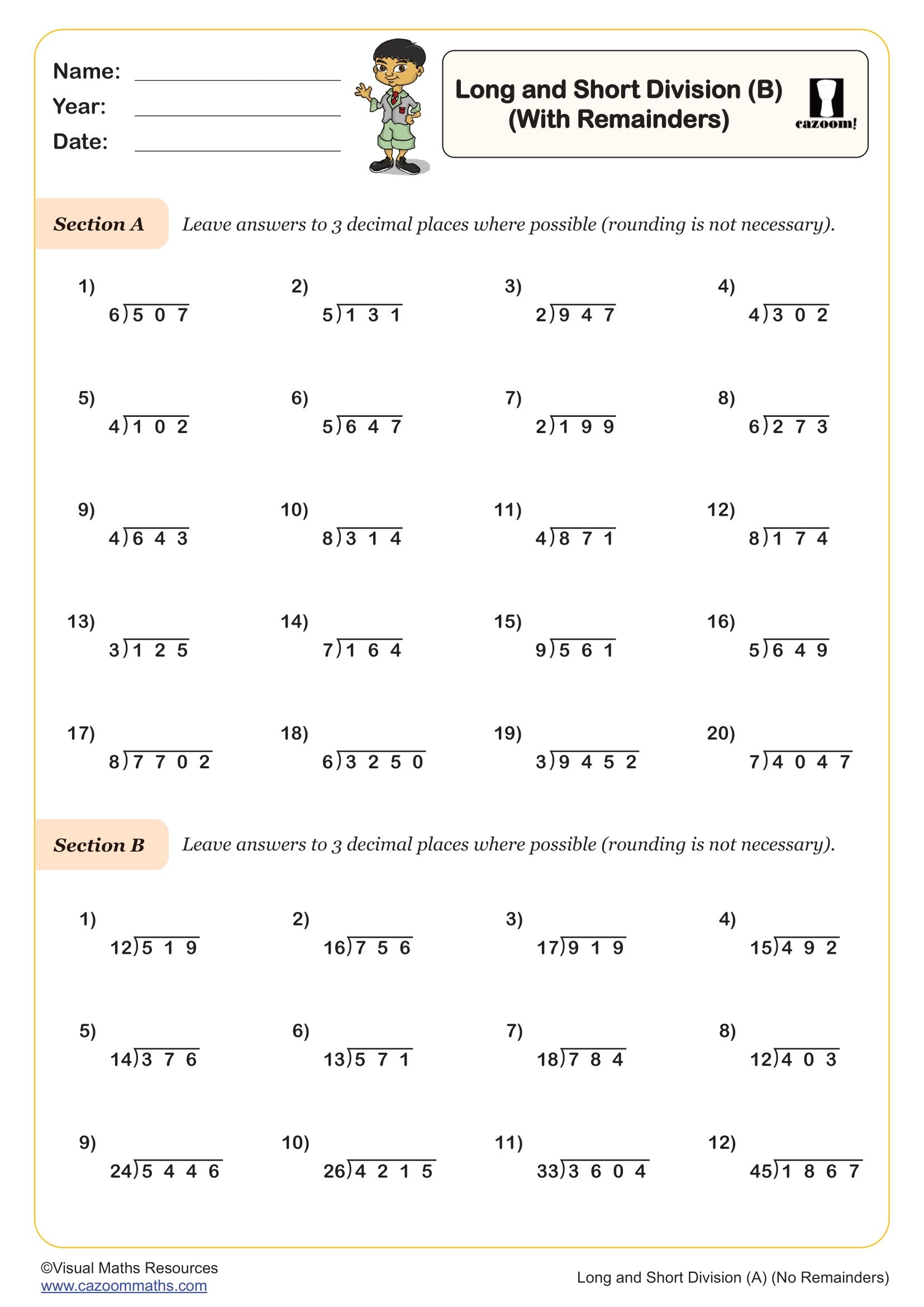 Preview of Long and Short Division (B) (With Remainders)