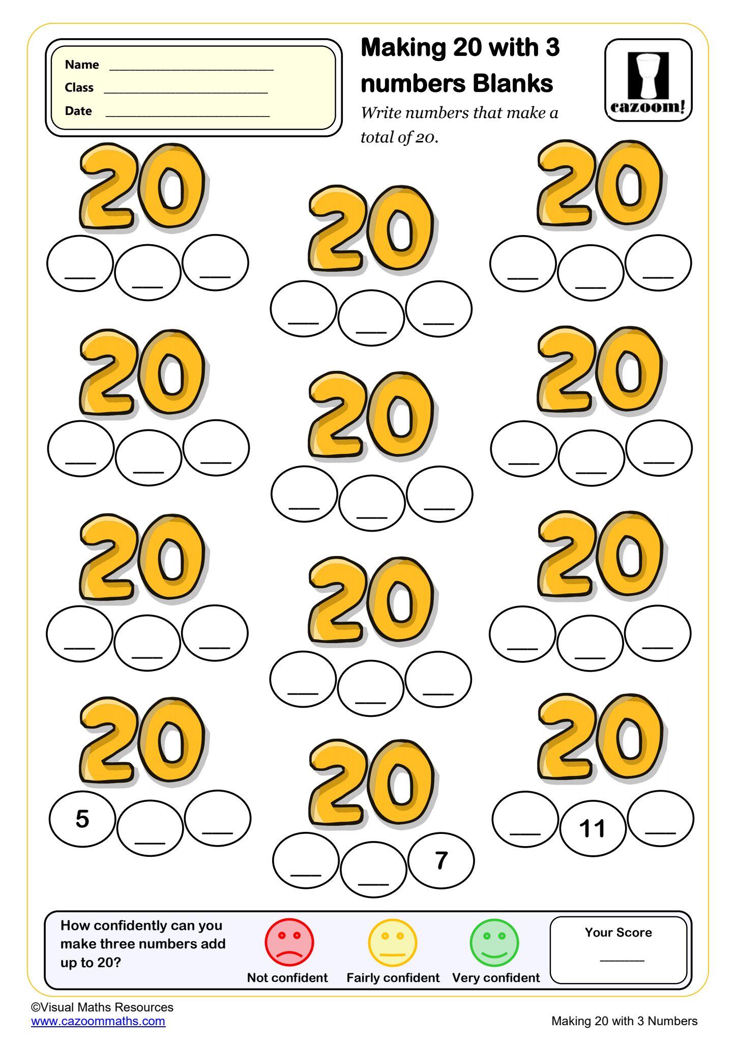 Preview of Making 20 with three numbers (Blanks)