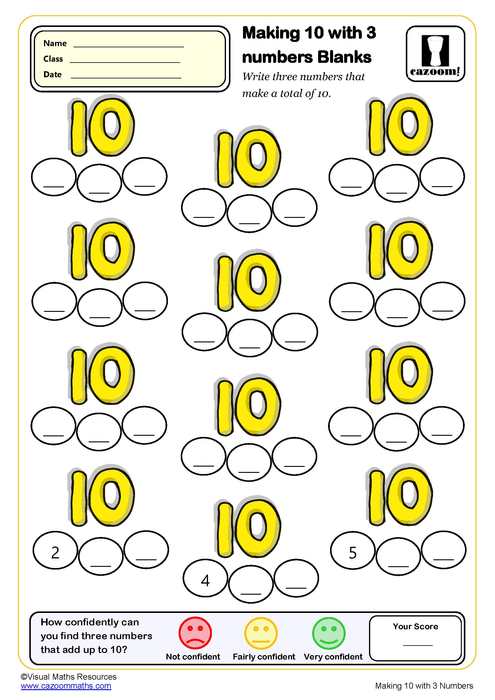 Preview of Making 10 with three numbers (Blanks)