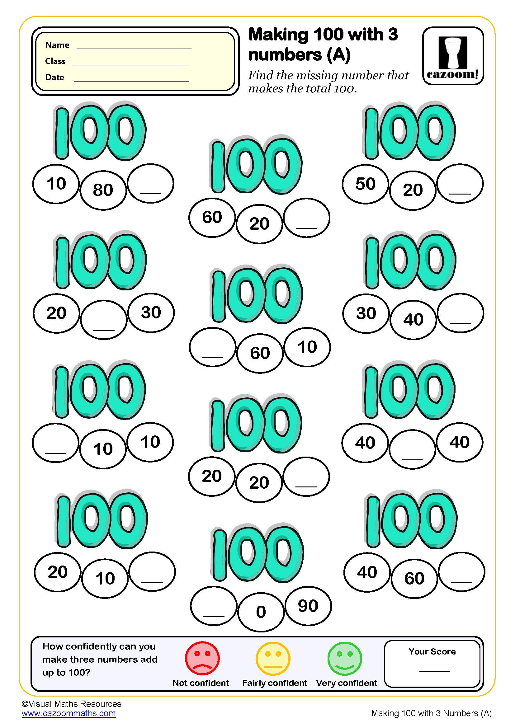 Preview of Making 100 with 3 Numbers (A) (Multiples of 10)