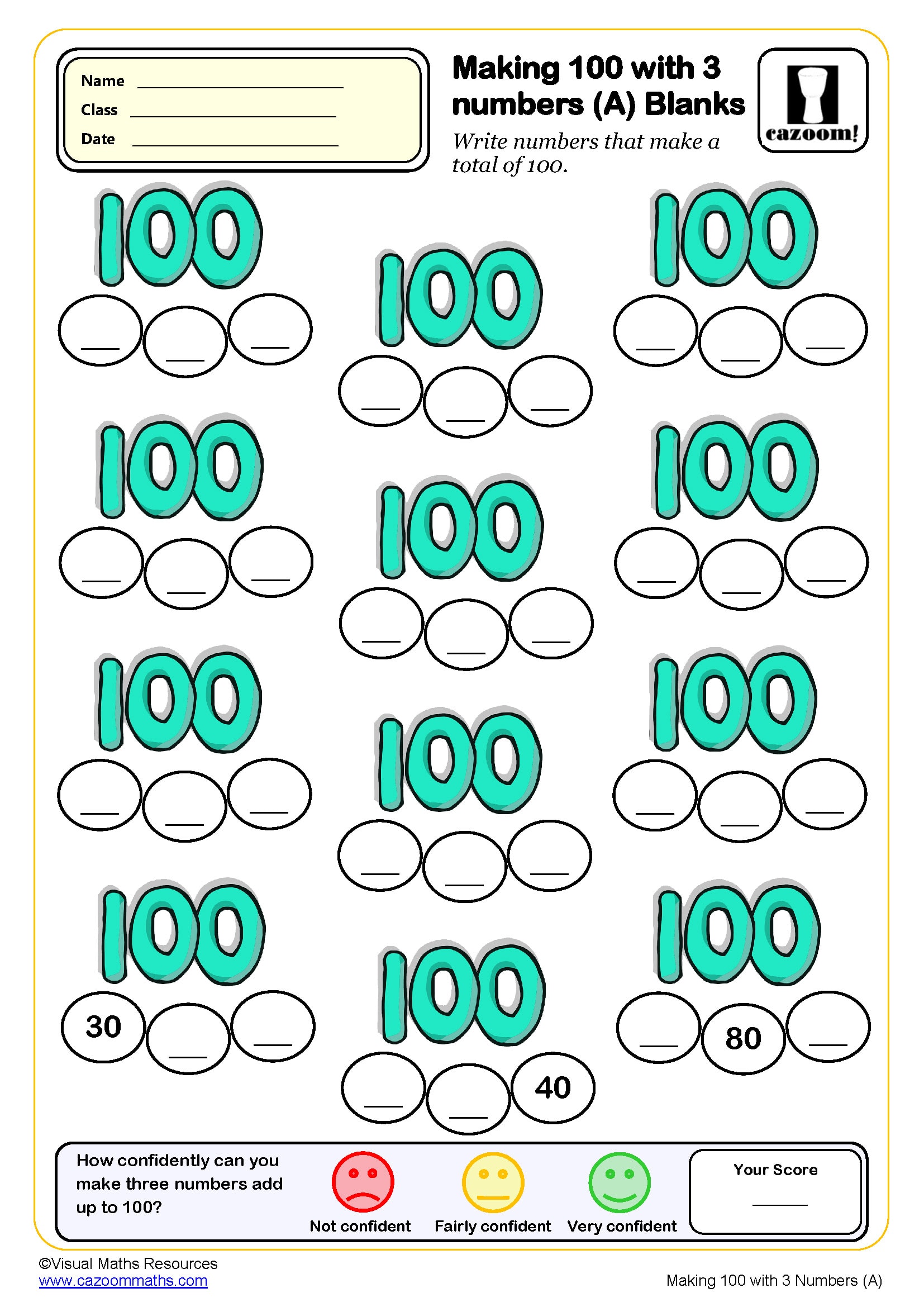 Preview of Making 100 with 3 numbers (blanks)