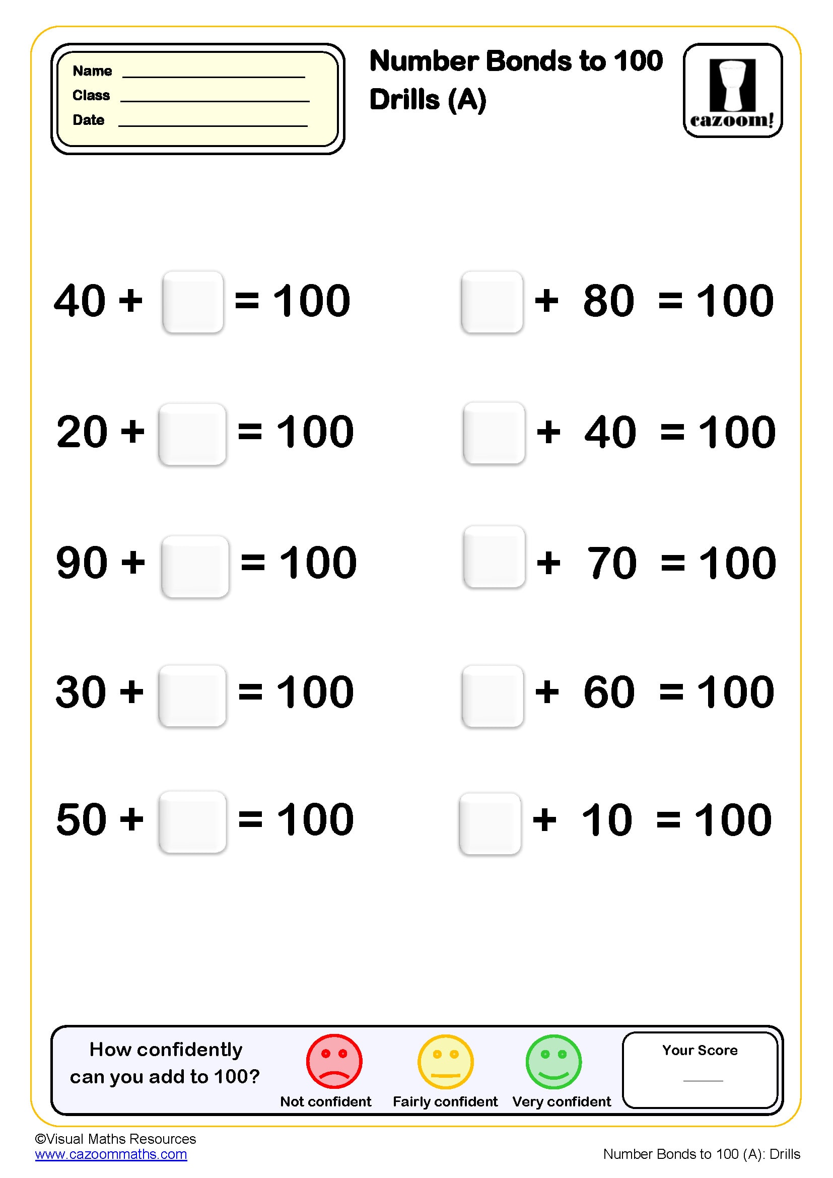 Preview of Number bond to 100 Drills (A) (10 questions)