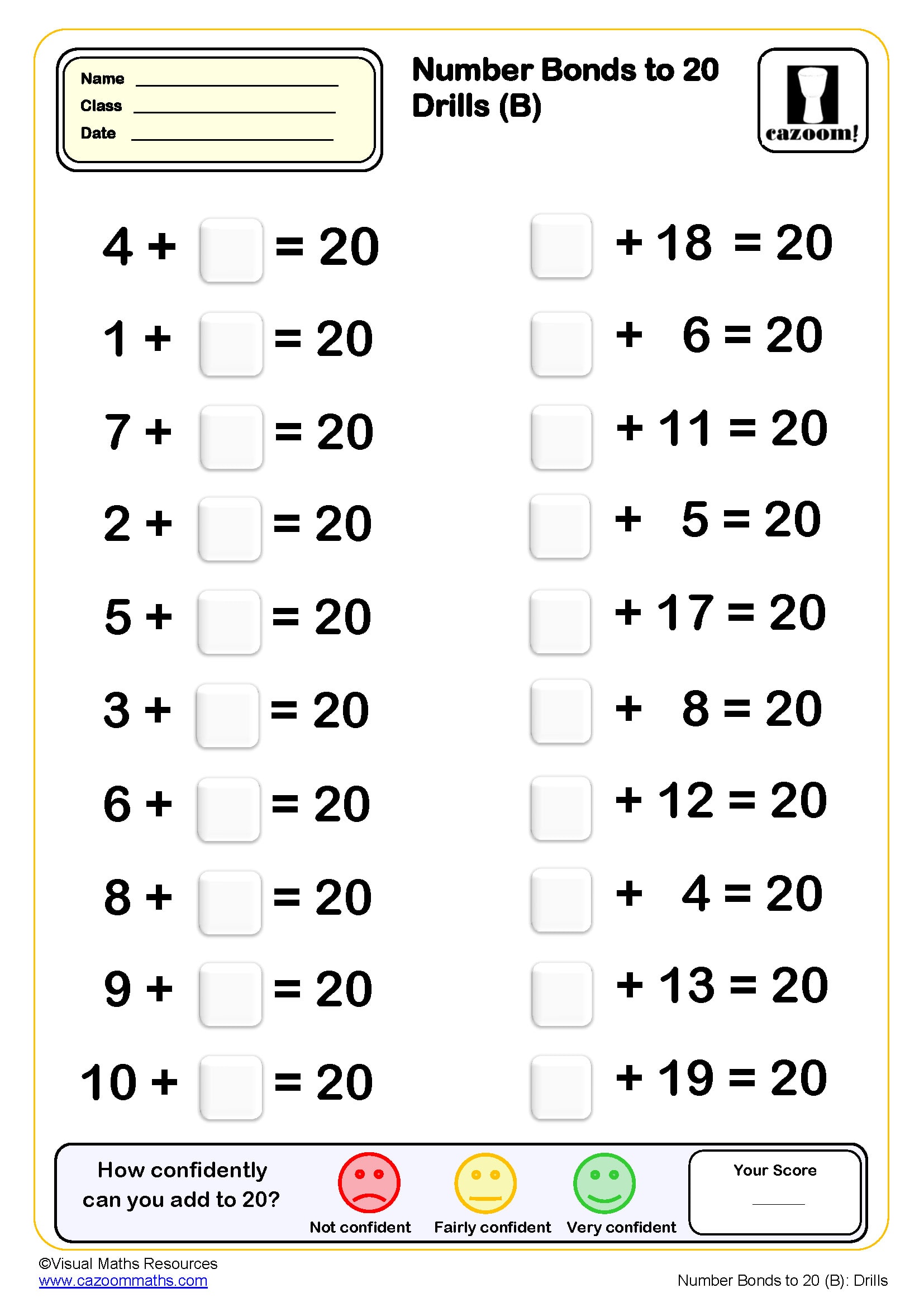 Preview of Number Bonds to 20 drills (B) (20 questions)