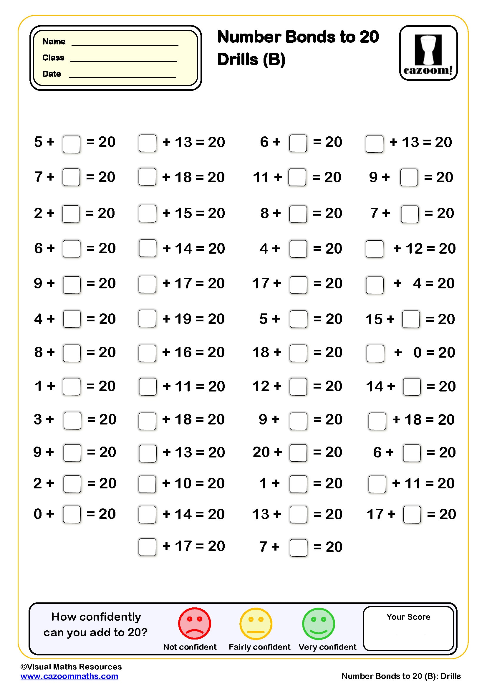Preview of Number Bonds to 20 drills (B) (50 questions)