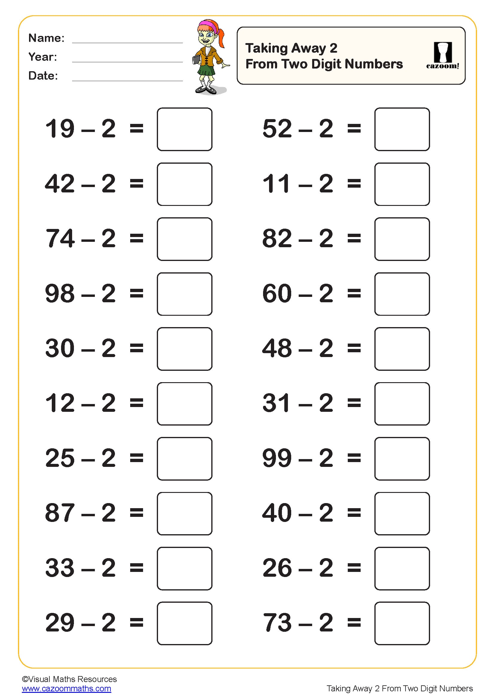 Preview of Taking Away 2 from two digit numbers (20 questions)