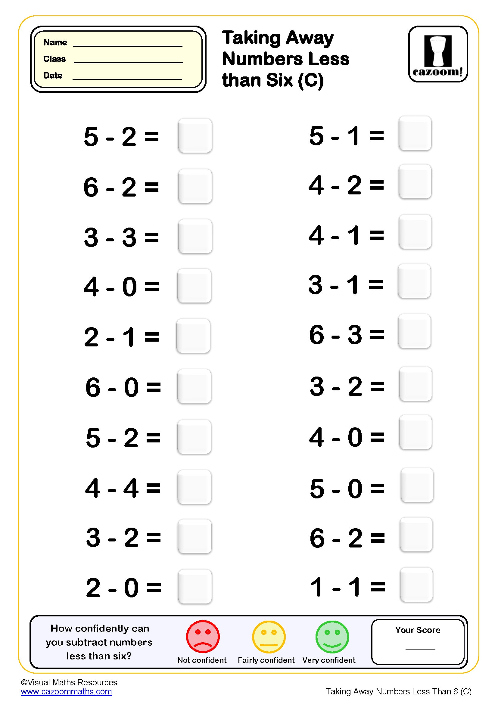 Preview of Taking Away Numbers Less Than 6 (C)