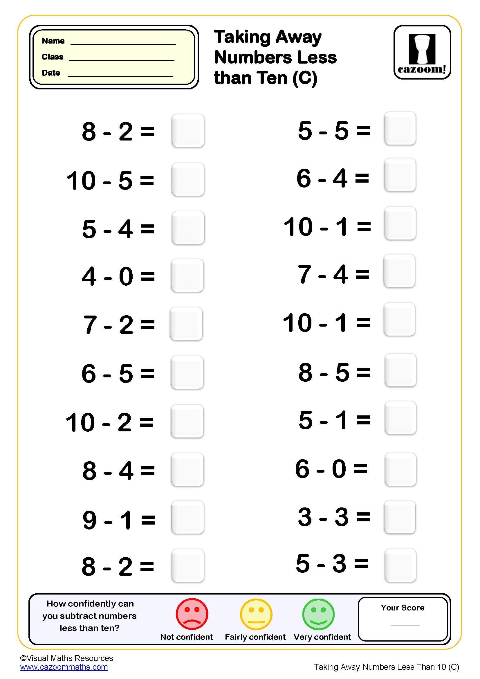 Preview of Taking Away Numbers Less Than 10 (C)