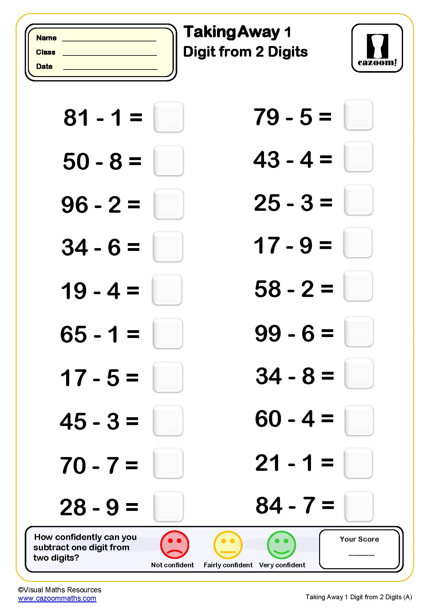Preview of Taking Away 1 Digit from 2 Digits (A)