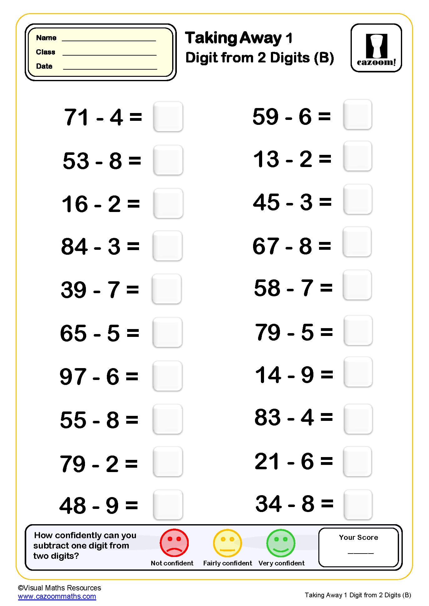 Preview of Taking Away 1 Digit from 2 Digits (B)