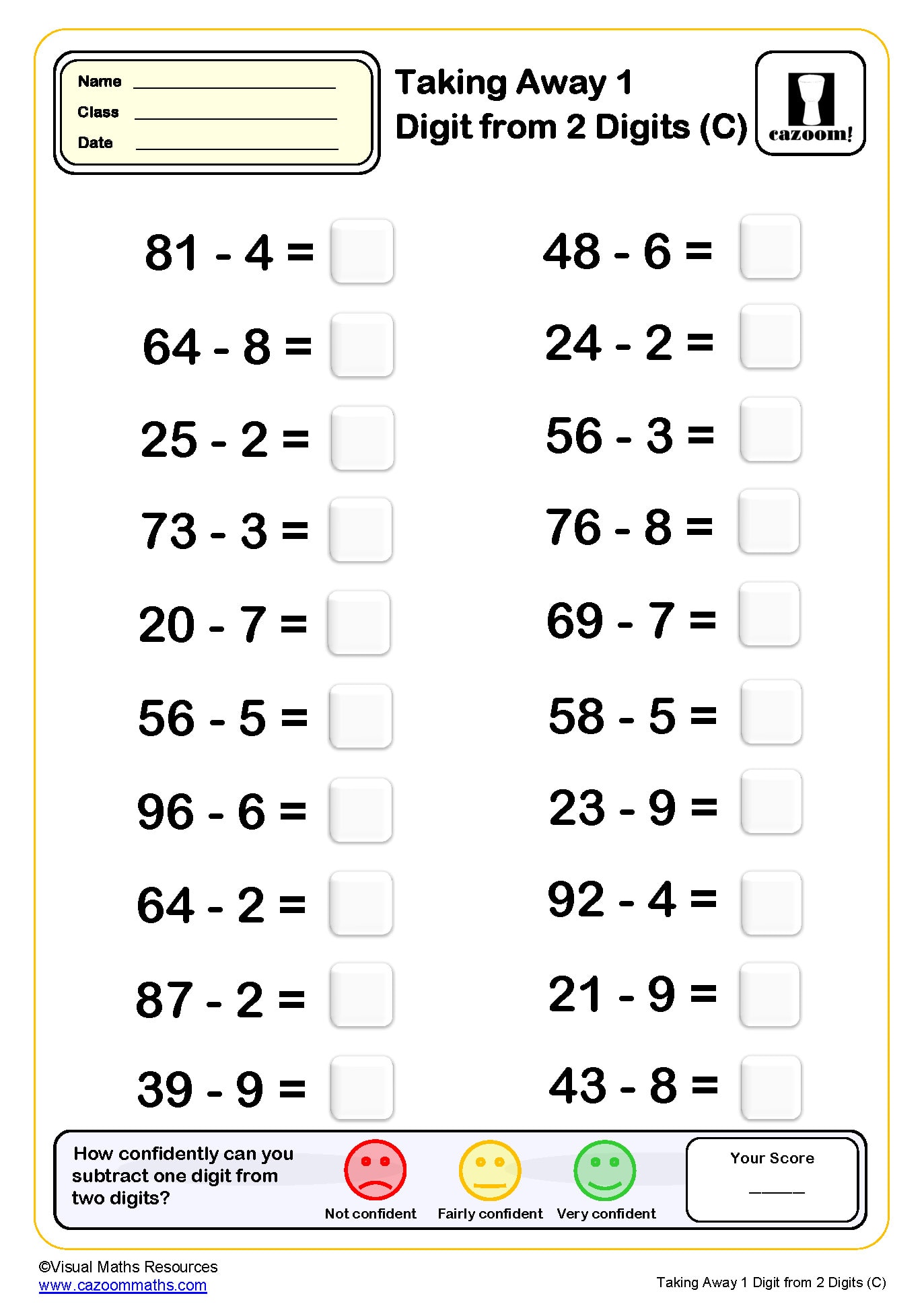 Preview of Taking Away 1 Digit from 2 Digits (C)