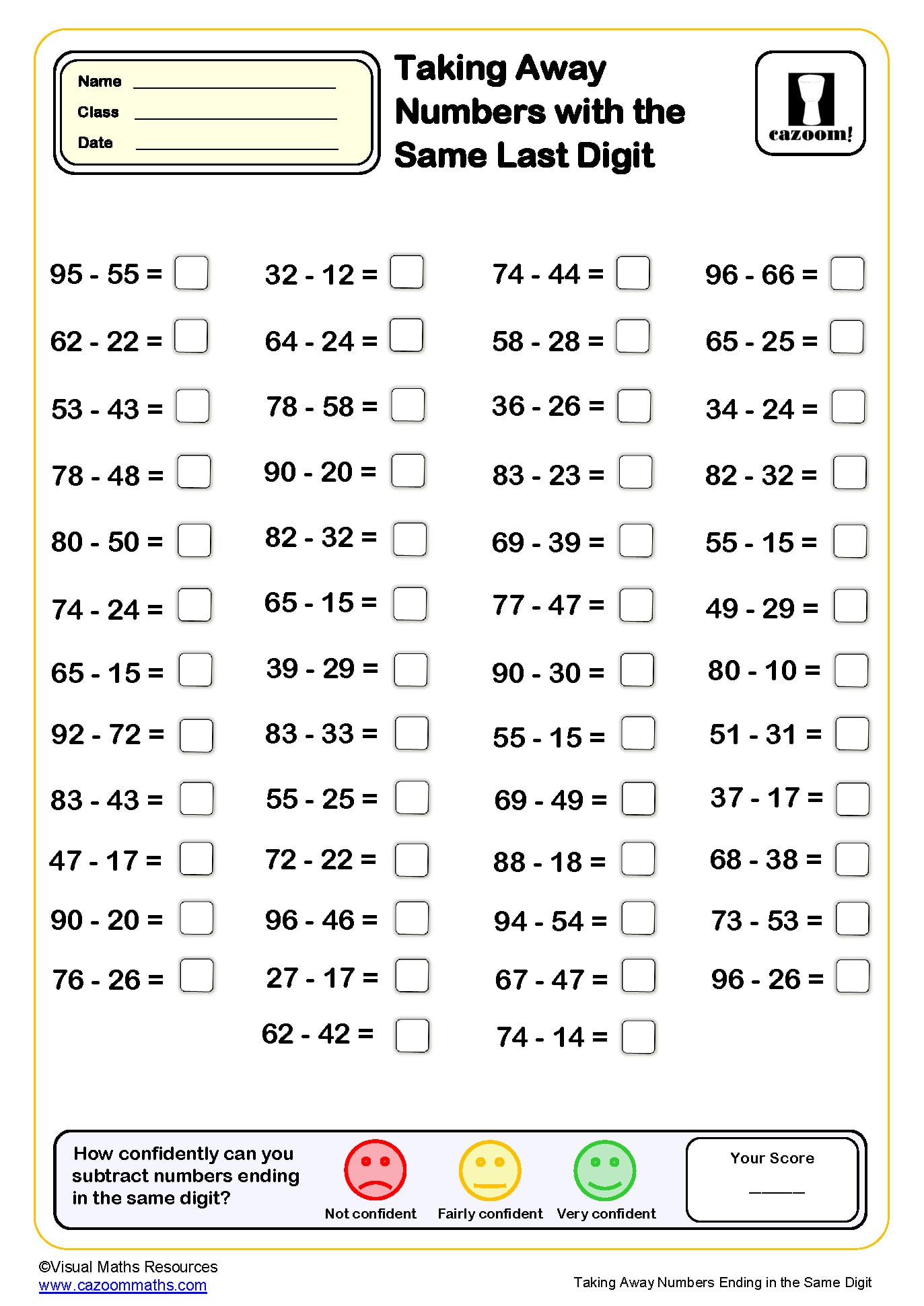 Preview of Taking Away Numbers with the Same Last Digit (50 questions)