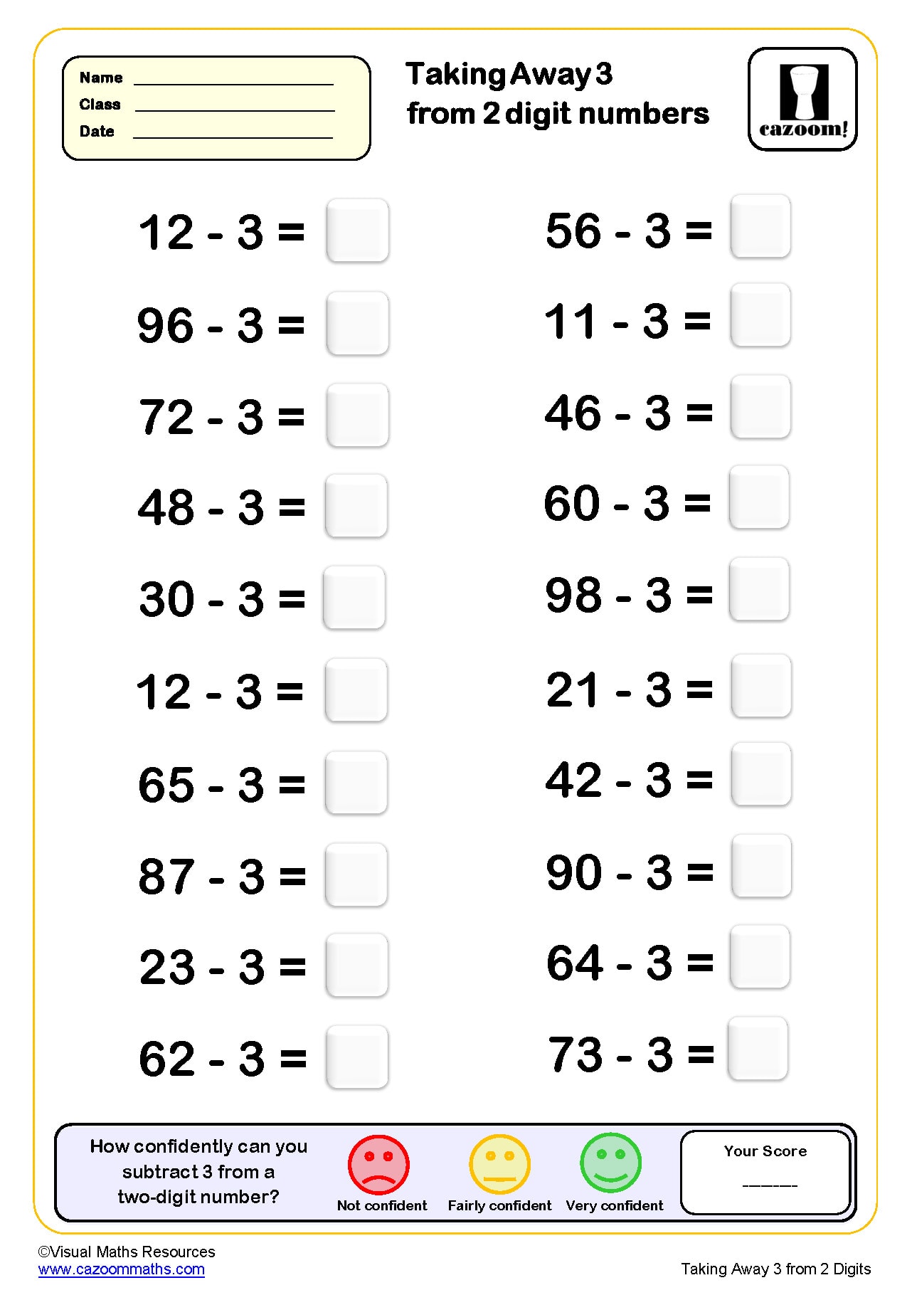 Preview of Taking Away 3 from Two Digit Numbers (20 questions)