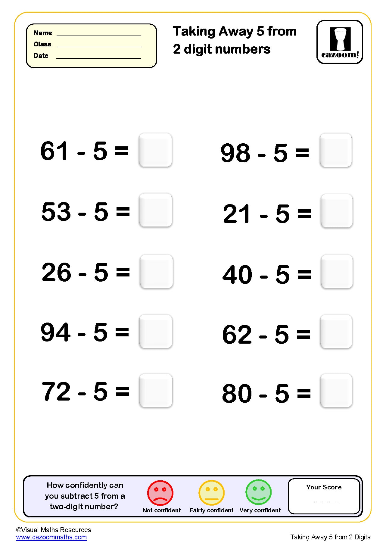 Preview of Taking Away 5 from Two Digit Numbers (10 questions)