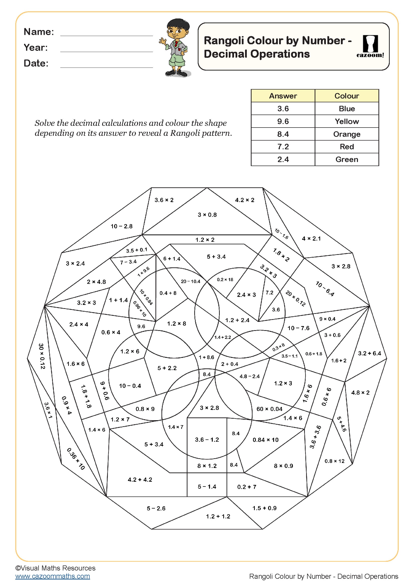 Preview of Rangoli Colour by Number - Decimal Operations