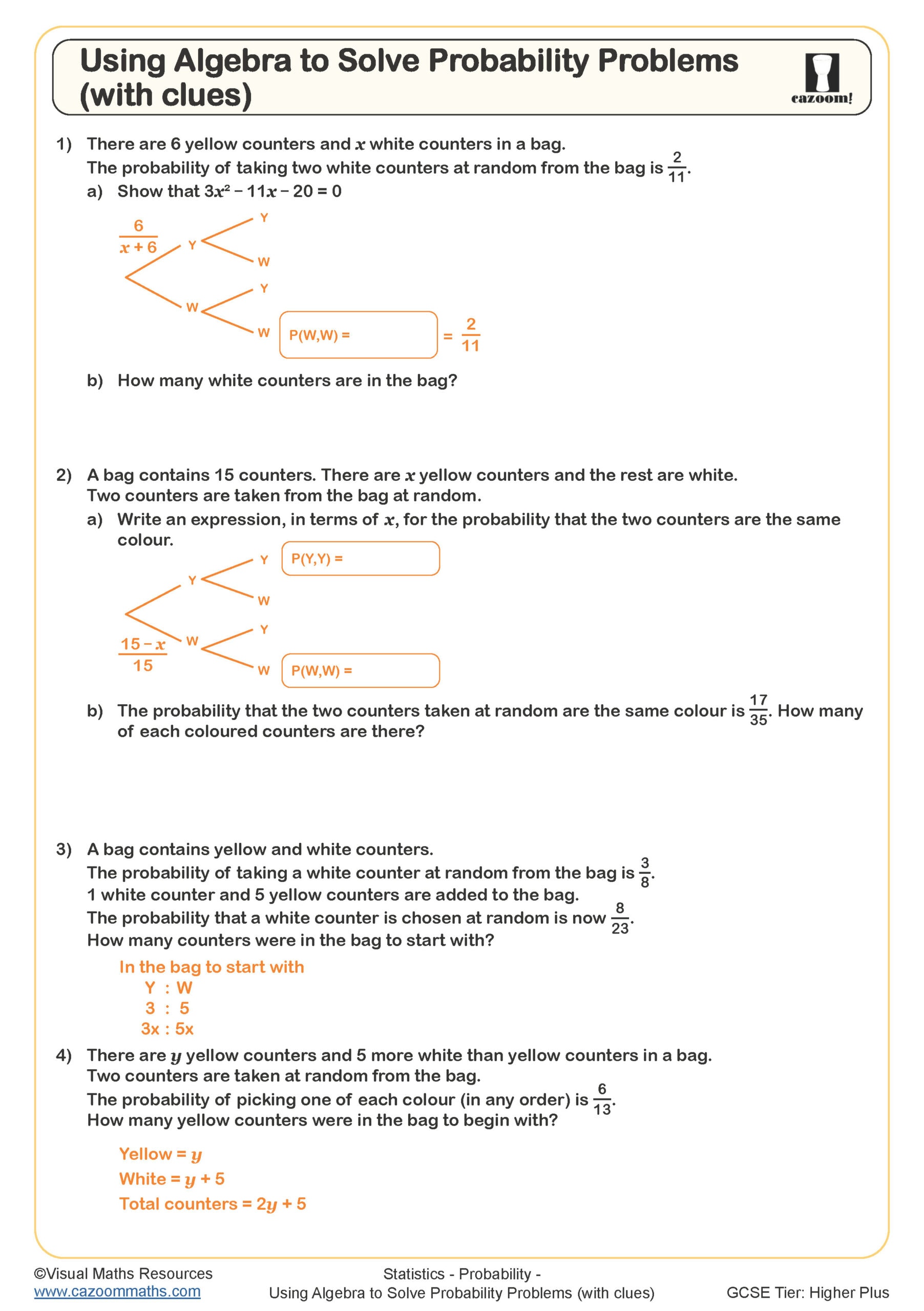 Preview of Using Algebra to Solve Probability Problems (with clues)